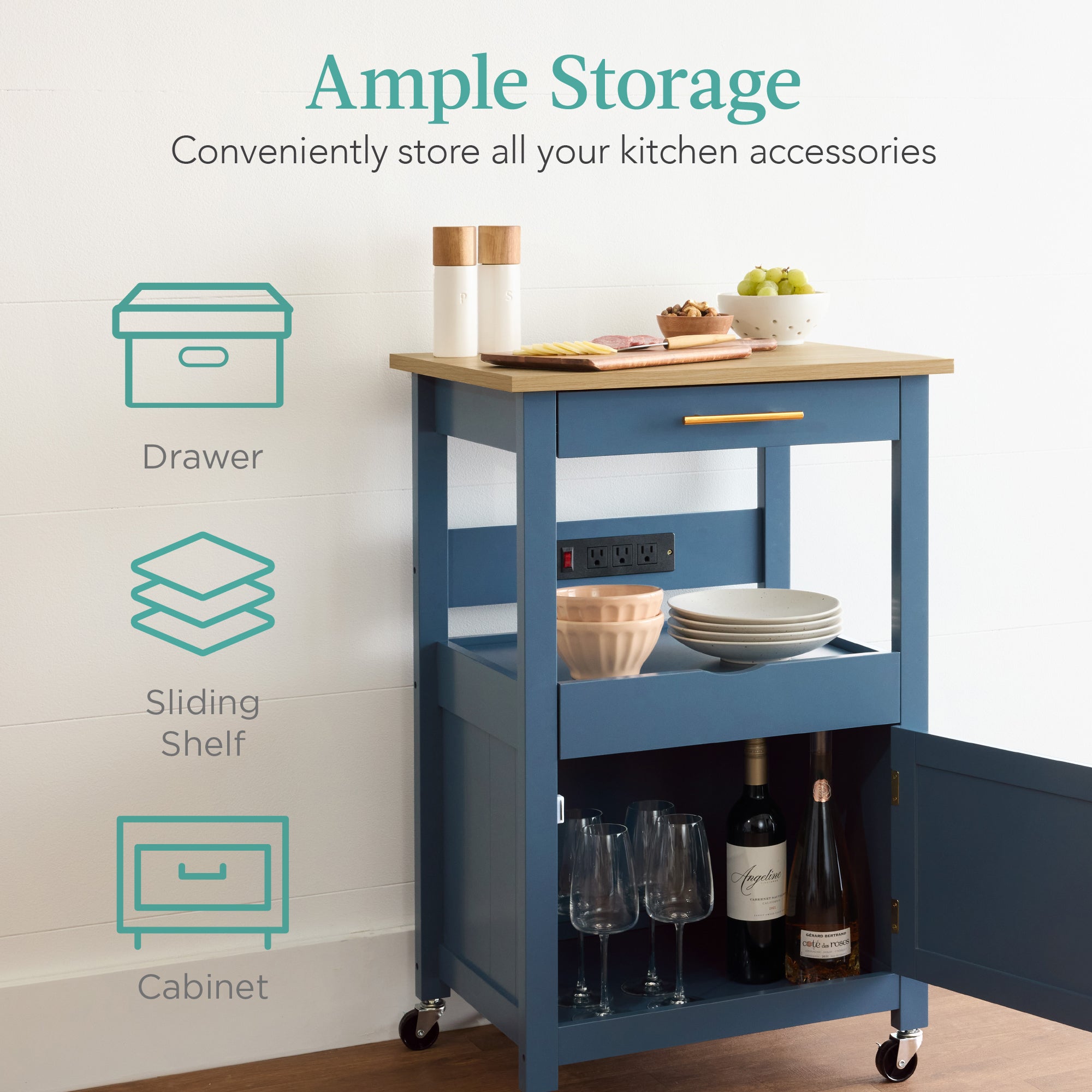 Rolling Kitchen Island Cart, Cabinet w/Drawer, Sliding Tray, Outlet