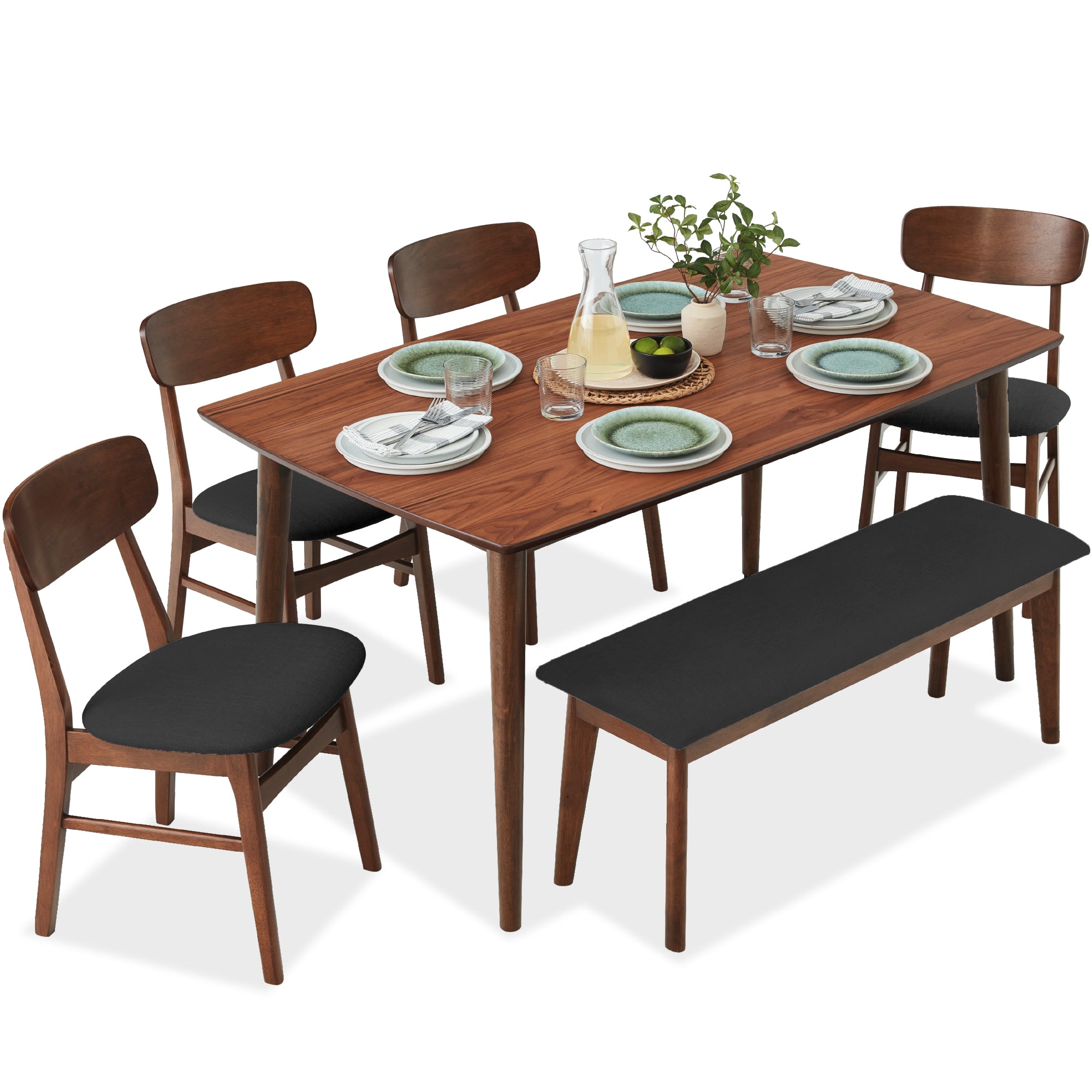 家具 ID:G925630 6-Piece Mid-Century Modern Upholstered Wooden Dining Set w/ 4