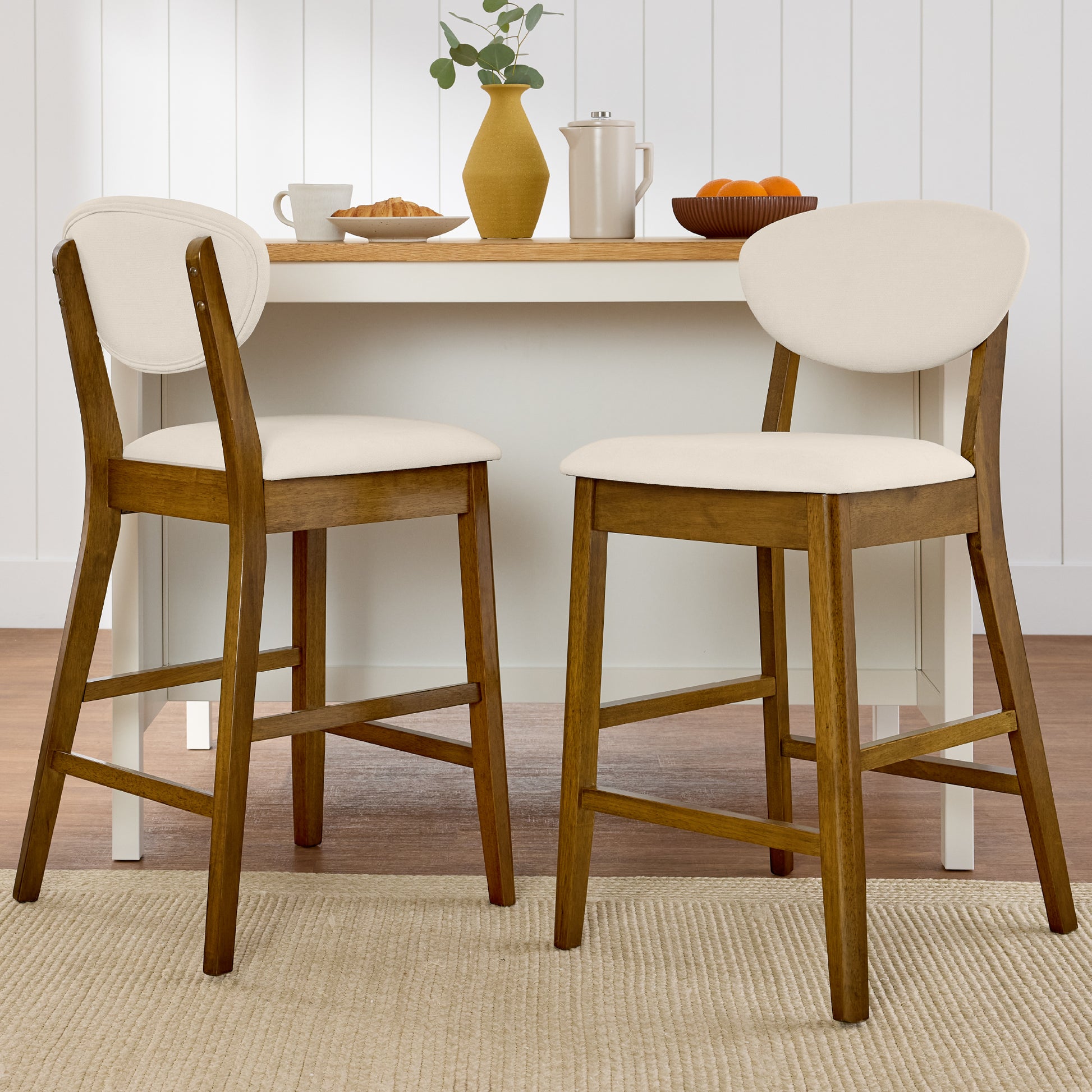 2-Piece Mid-Century Modern Wood & Upholstered Counter Height Bar Stool Set