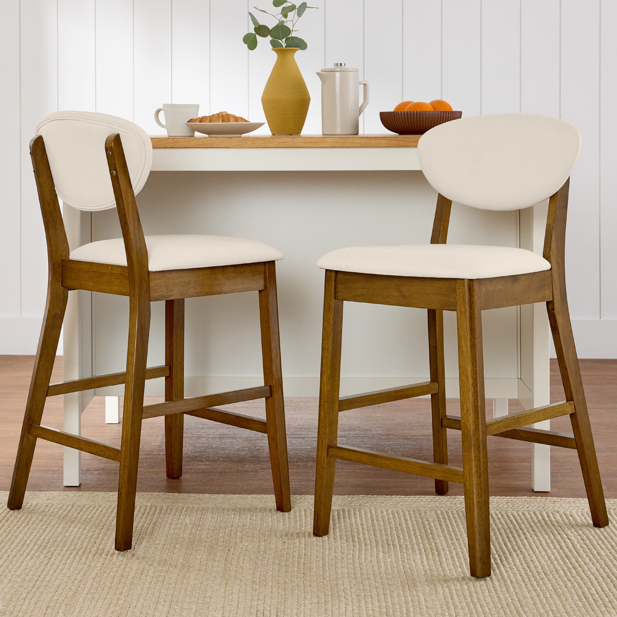 2-Piece Mid-Century Modern Wood & Upholstered Counter Height Bar Stool Set
