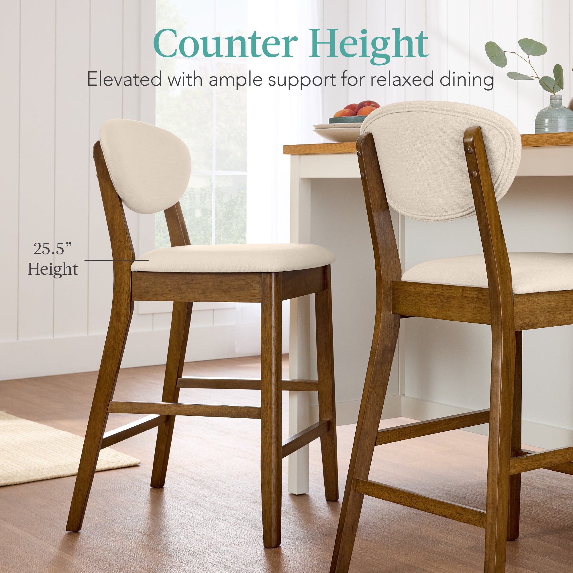 2-Piece Mid-Century Modern Wood & Upholstered Counter Height Bar Stool Set