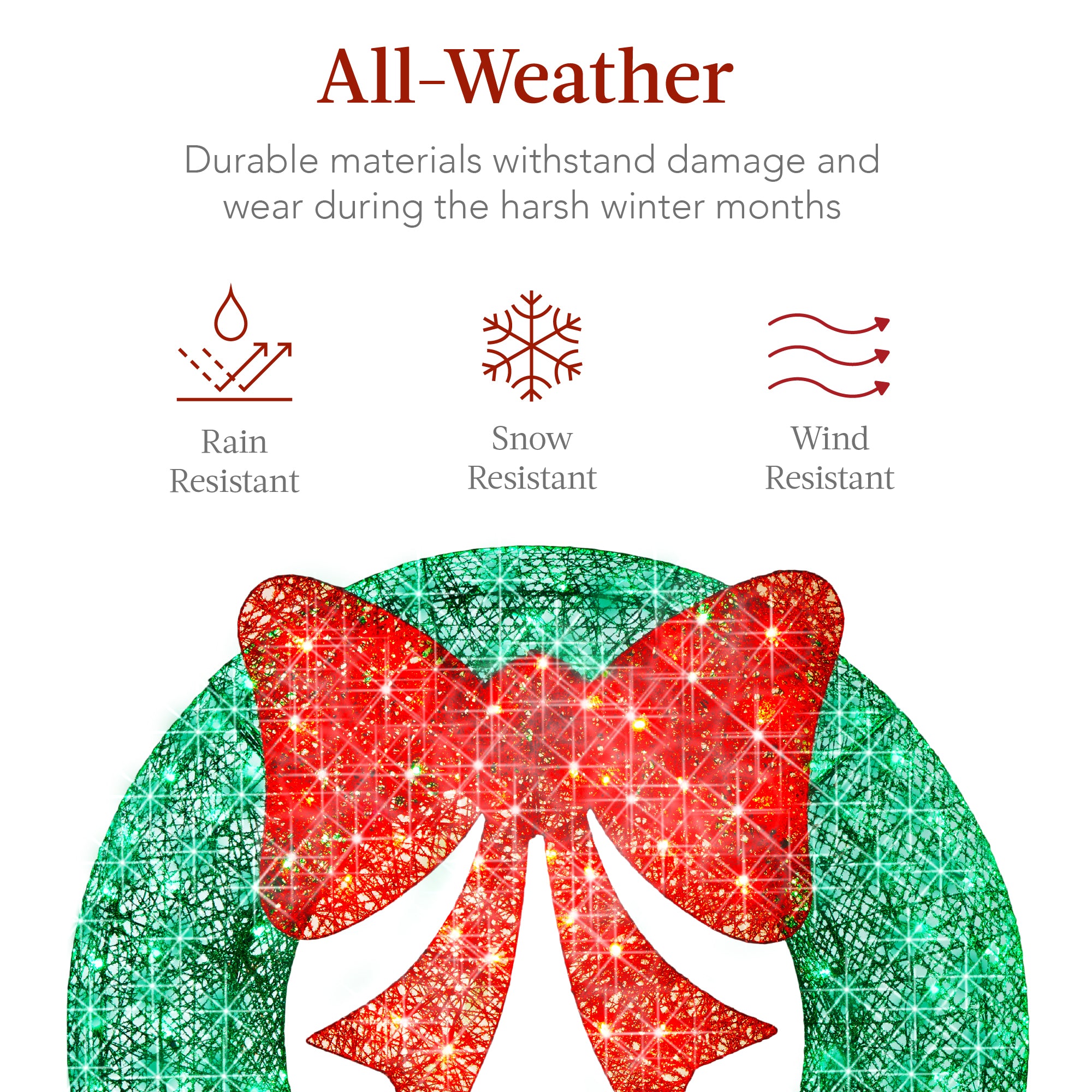 Pre-Lit Outdoor Christmas Wreath, LED Metal Holiday Decor w/ Bow - 30in