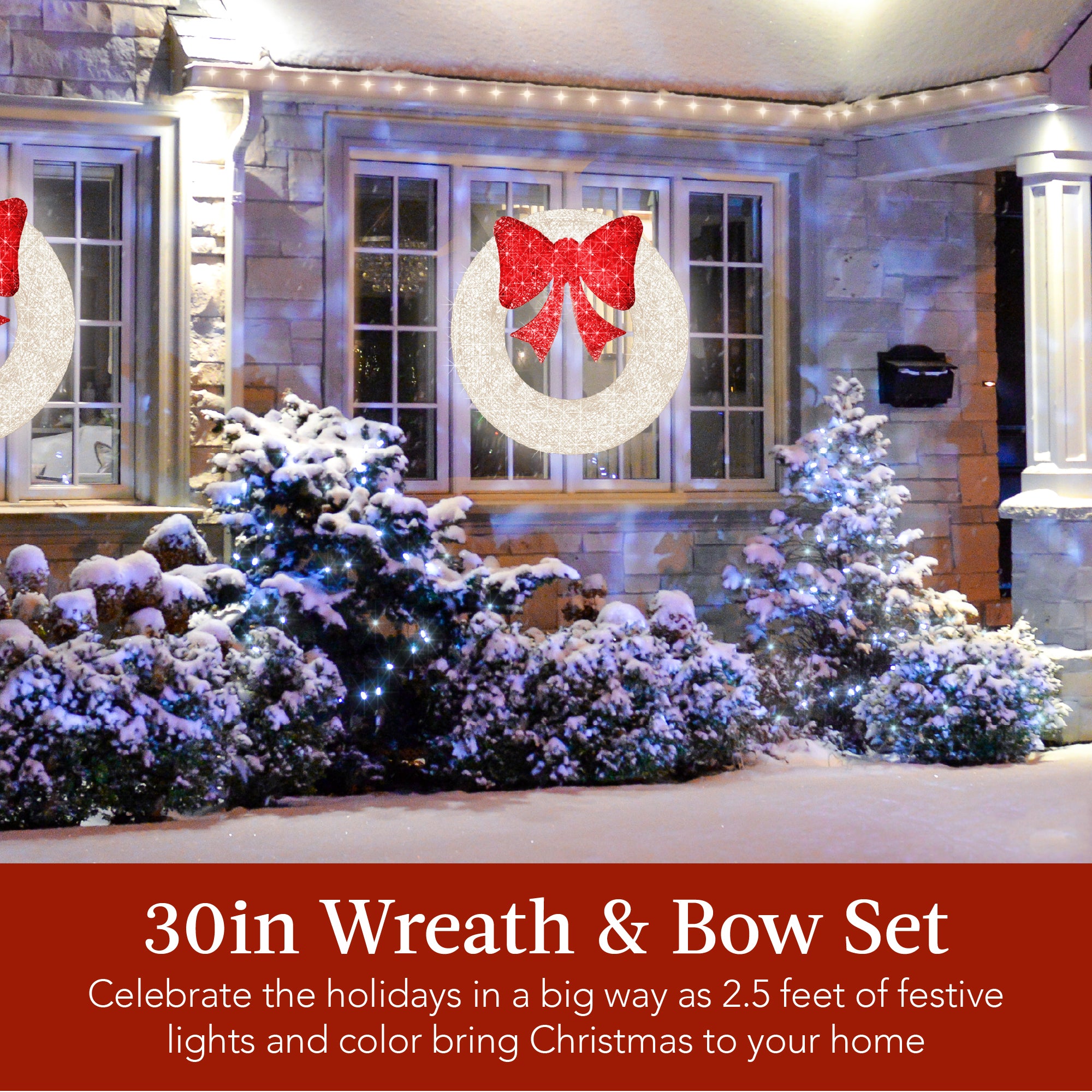 Pre-Lit Outdoor Christmas Wreath, LED Metal Holiday Decor w/ Bow