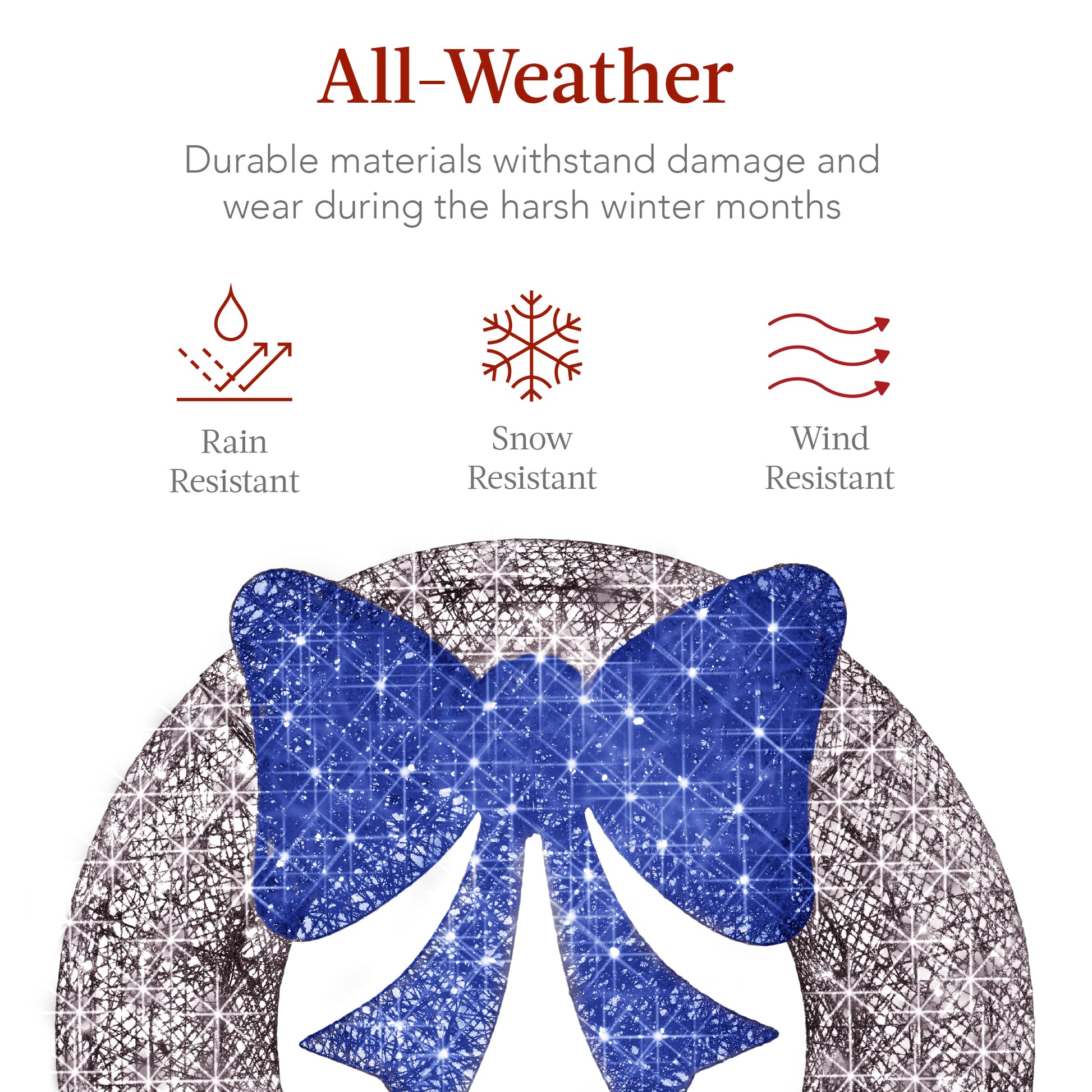 Pre-Lit Outdoor Christmas Wreath, LED Metal Holiday Decor w/ Bow - 30in