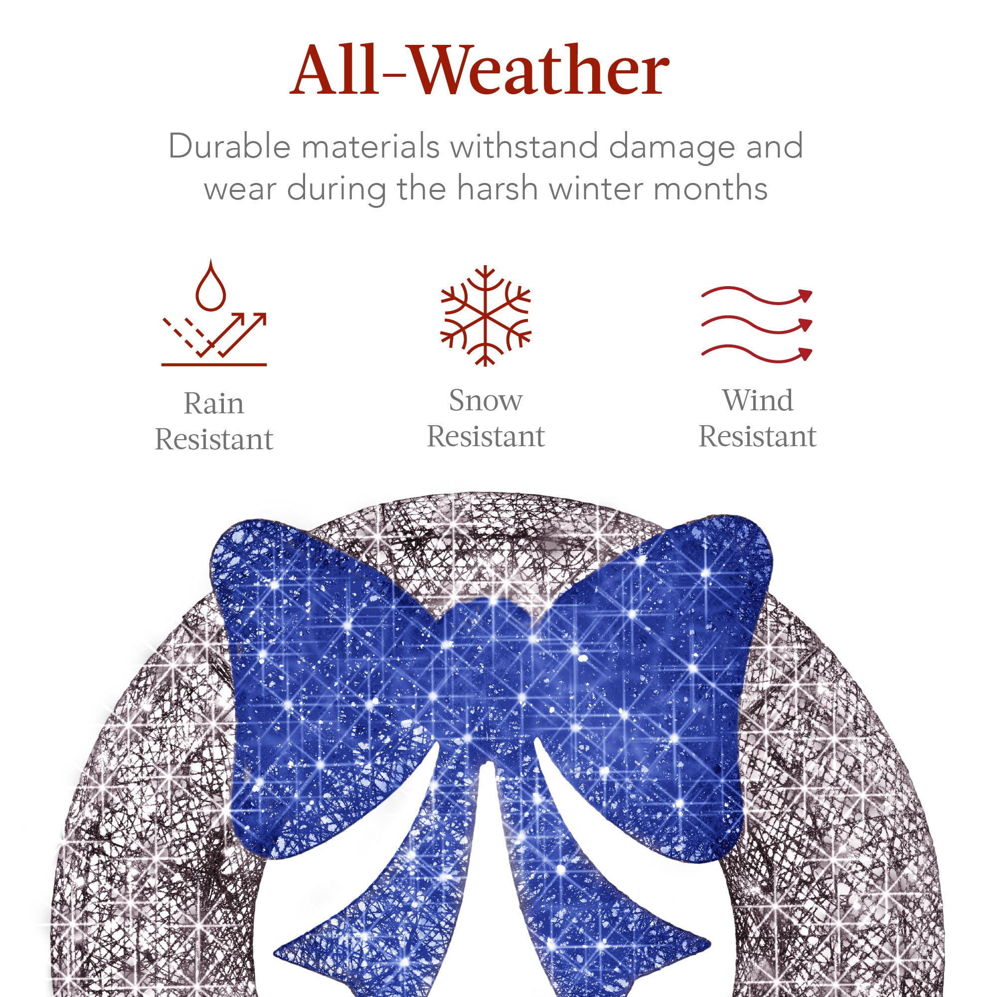 Pre-Lit Outdoor Christmas Wreath, LED Metal Holiday Decor w/ Bow - 30in