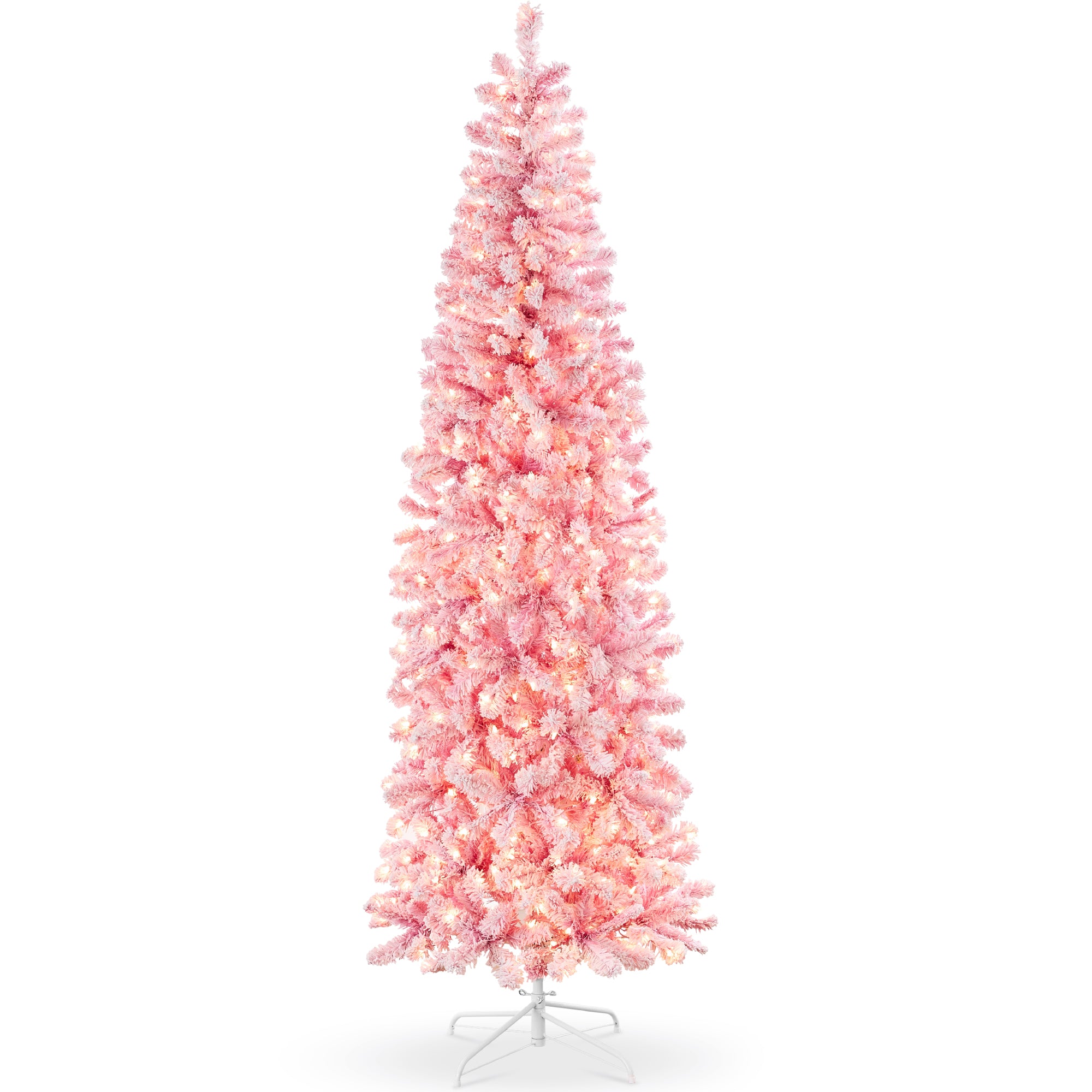 Pre-Lit Snow Flocked Pink Artificial Pencil Christmas Tree – Best