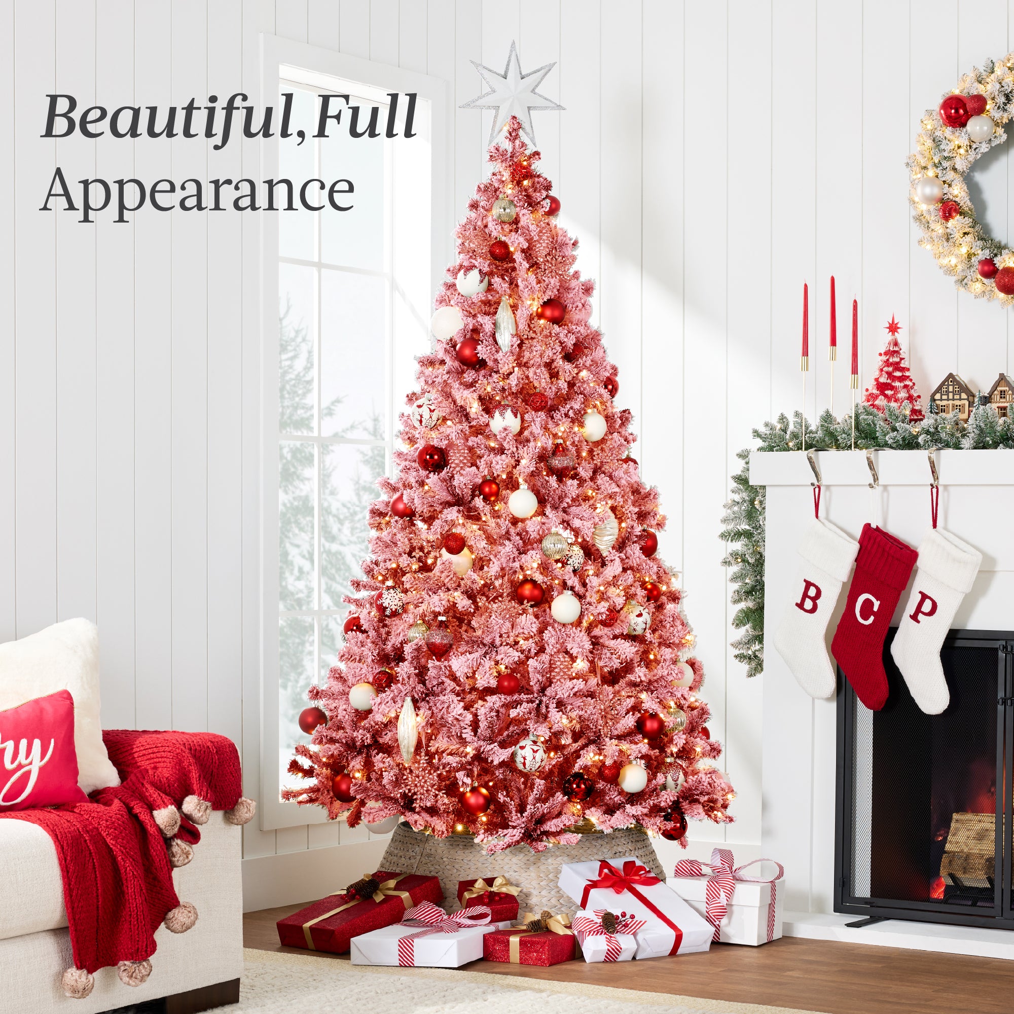 Pre-Lit Red Flocked Artificial Pine Christmas Tree w/ White Lights