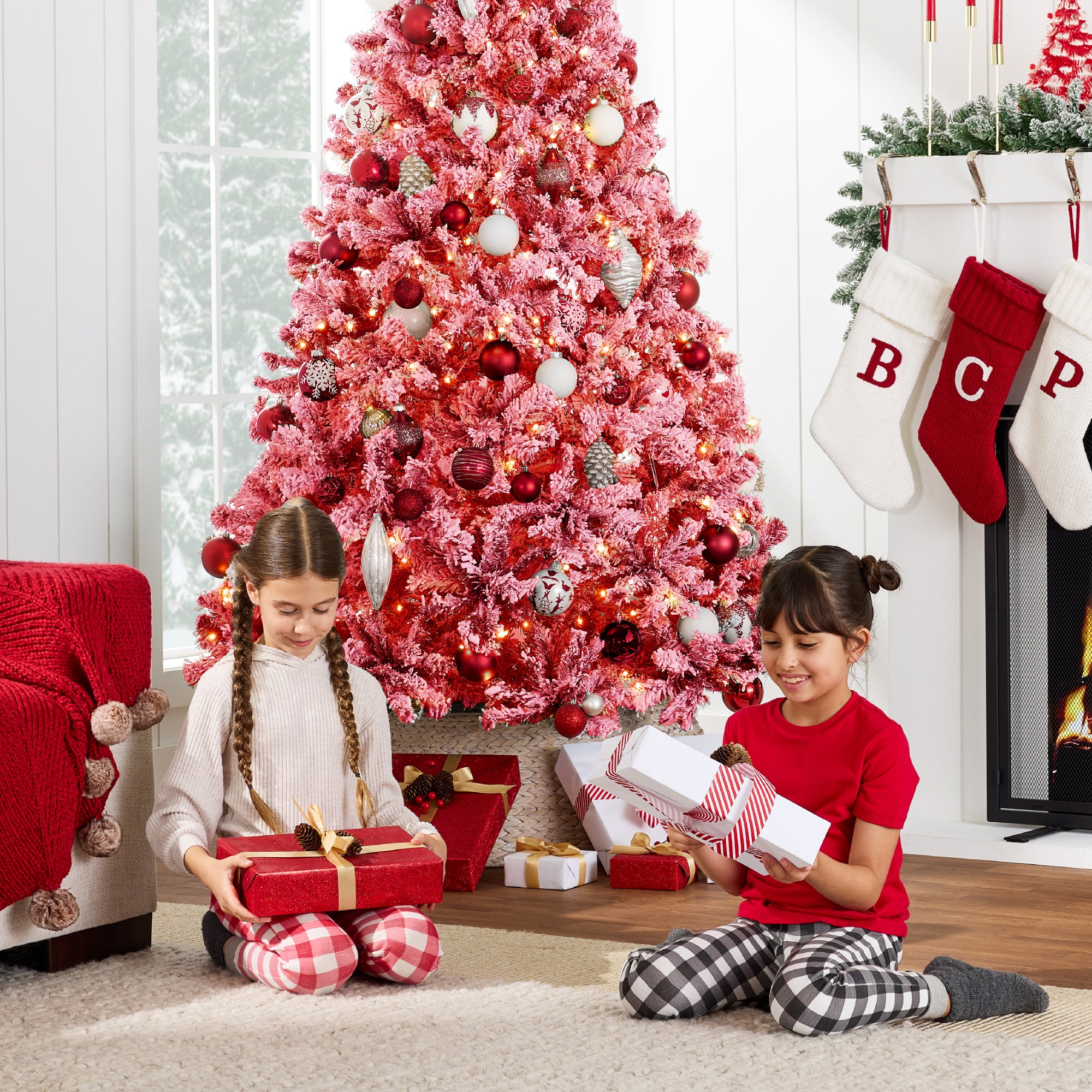 Pre-Lit Red Flocked Artificial Pine Christmas Tree w/ White Lights