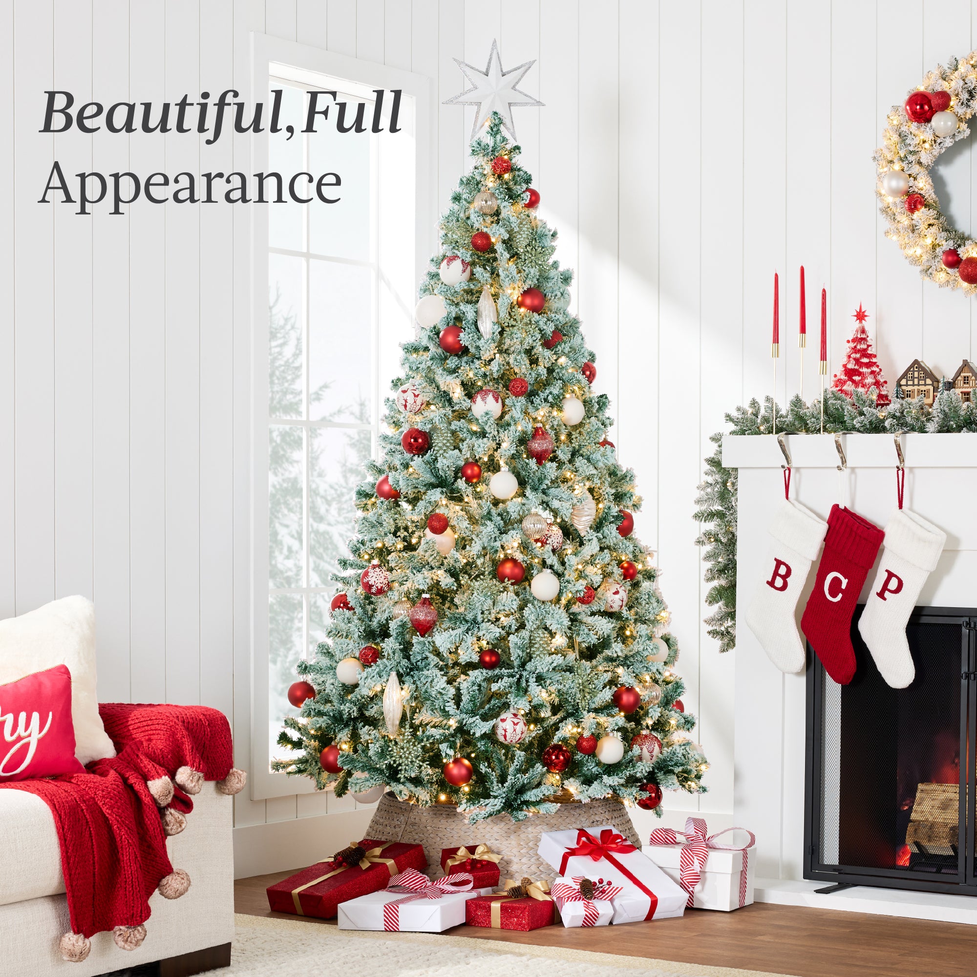 Pre-Lit Sage Green Flocked Artificial Pine Christmas Tree w/ White