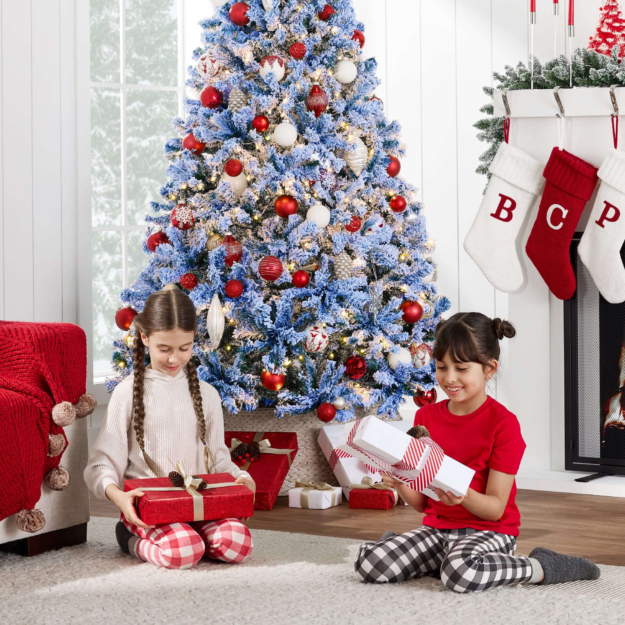 Pre-Lit Blue Flocked Artificial Pine Christmas Tree w/ White