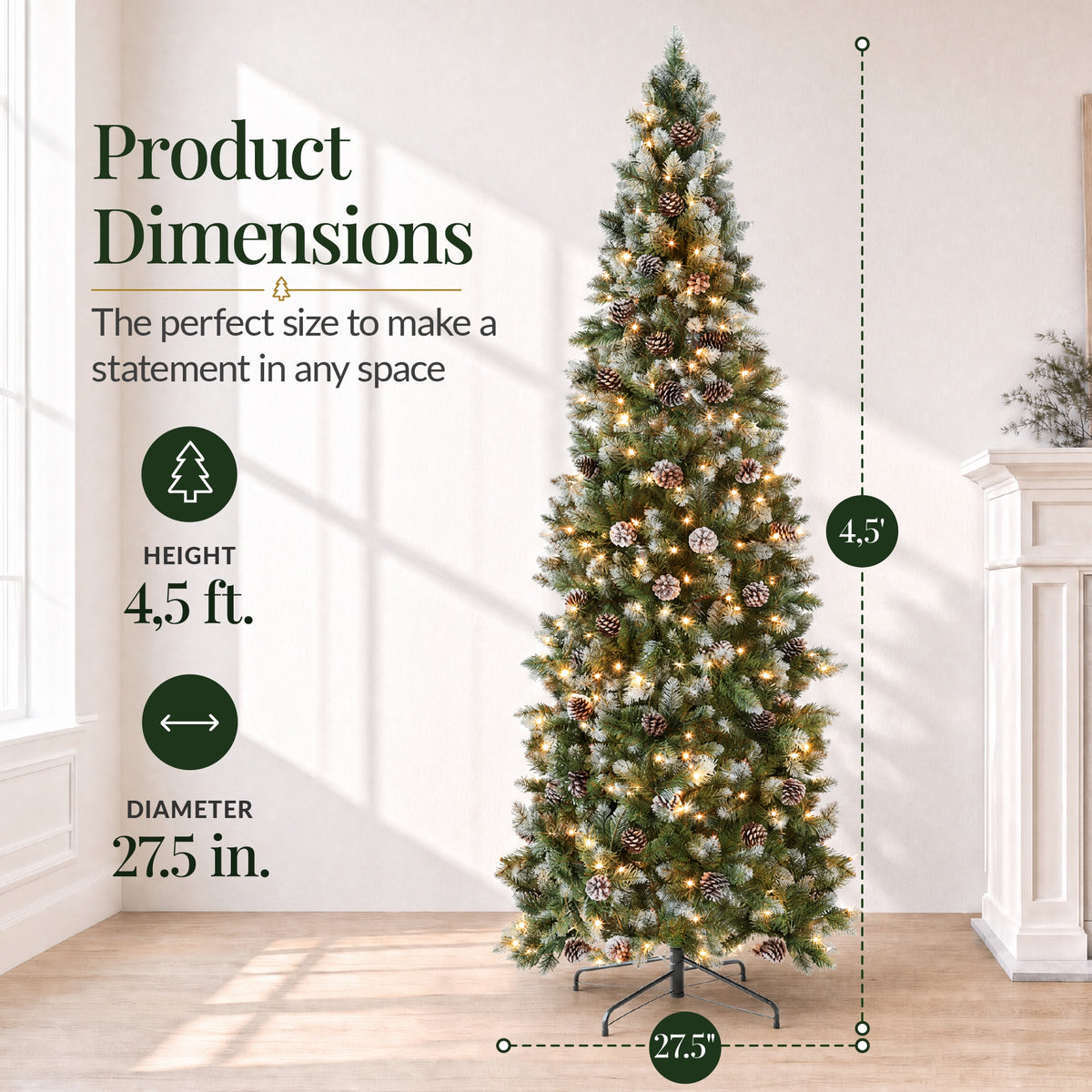 Artificial Pencil Christmas Tree w/ Twinkling Lights, Pre-Lit Frosted Pine