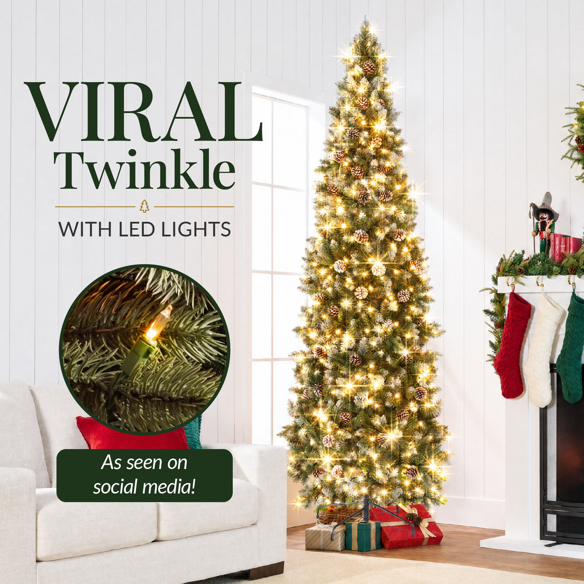 Artificial Pencil Christmas Tree w/ Twinkling Lights, Pre-Lit Frosted Pine