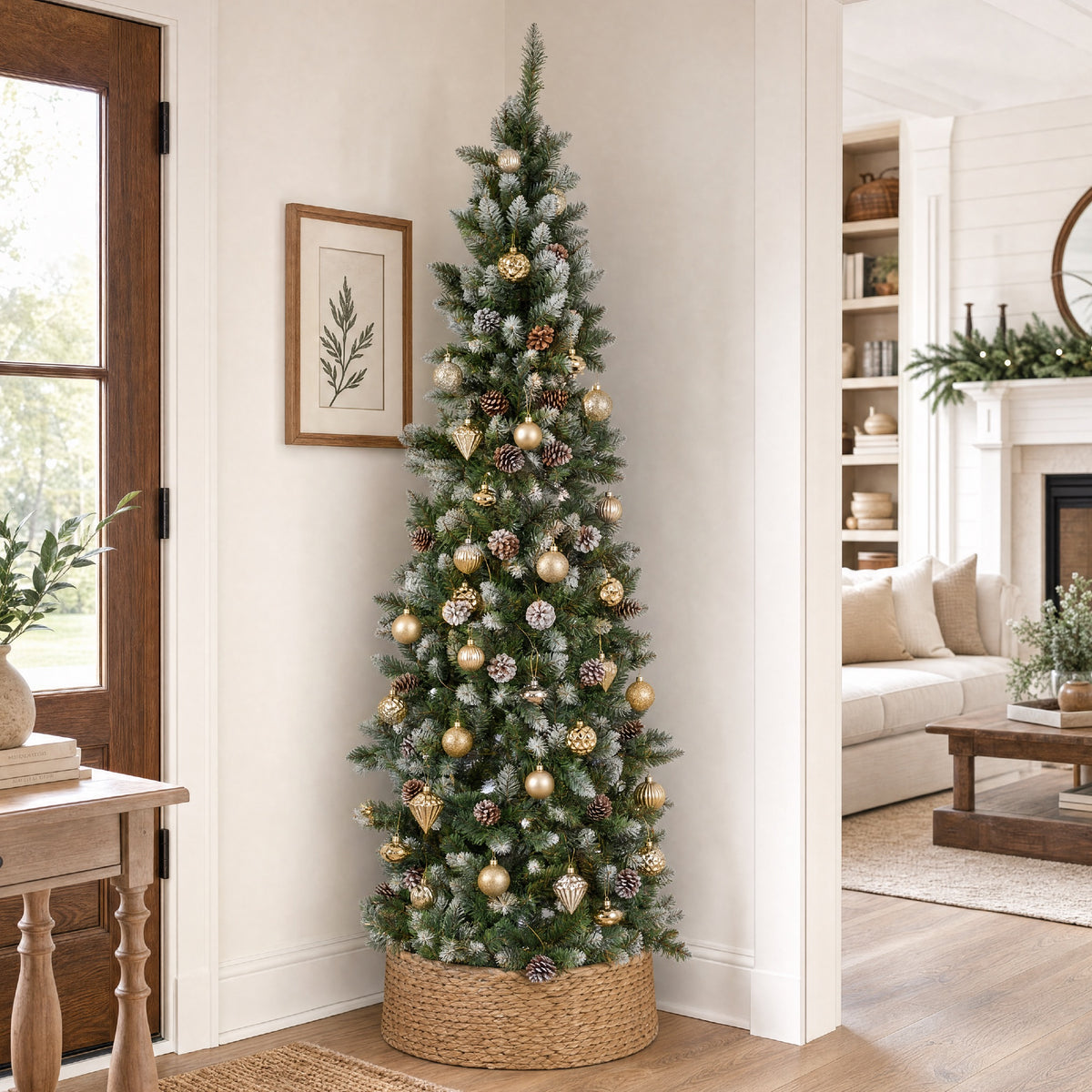 Artificial Pencil Christmas Tree w/ Twinkling Lights, Pre-Lit Frosted Pine