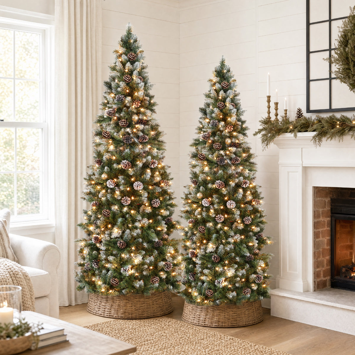 Artificial Pencil Christmas Tree w/ Twinkling Lights, Pre-Lit Frosted Pine