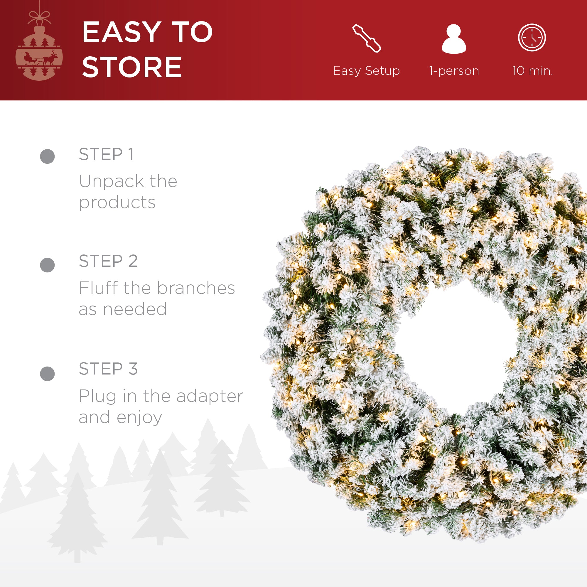 Pre-Lit Flocked Artificial Fir Christmas Wreath w/ 2-in-1 LED Lights - Thumbnail 5