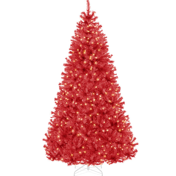 red tree① Nearly Natural 8-ft Fraser Fir Pre-lit Flocked Red Artificial
