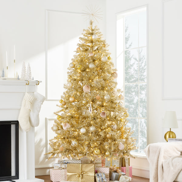 Champagne Gold Artificial Tinsel Christmas Tree w/ Foldable Stand