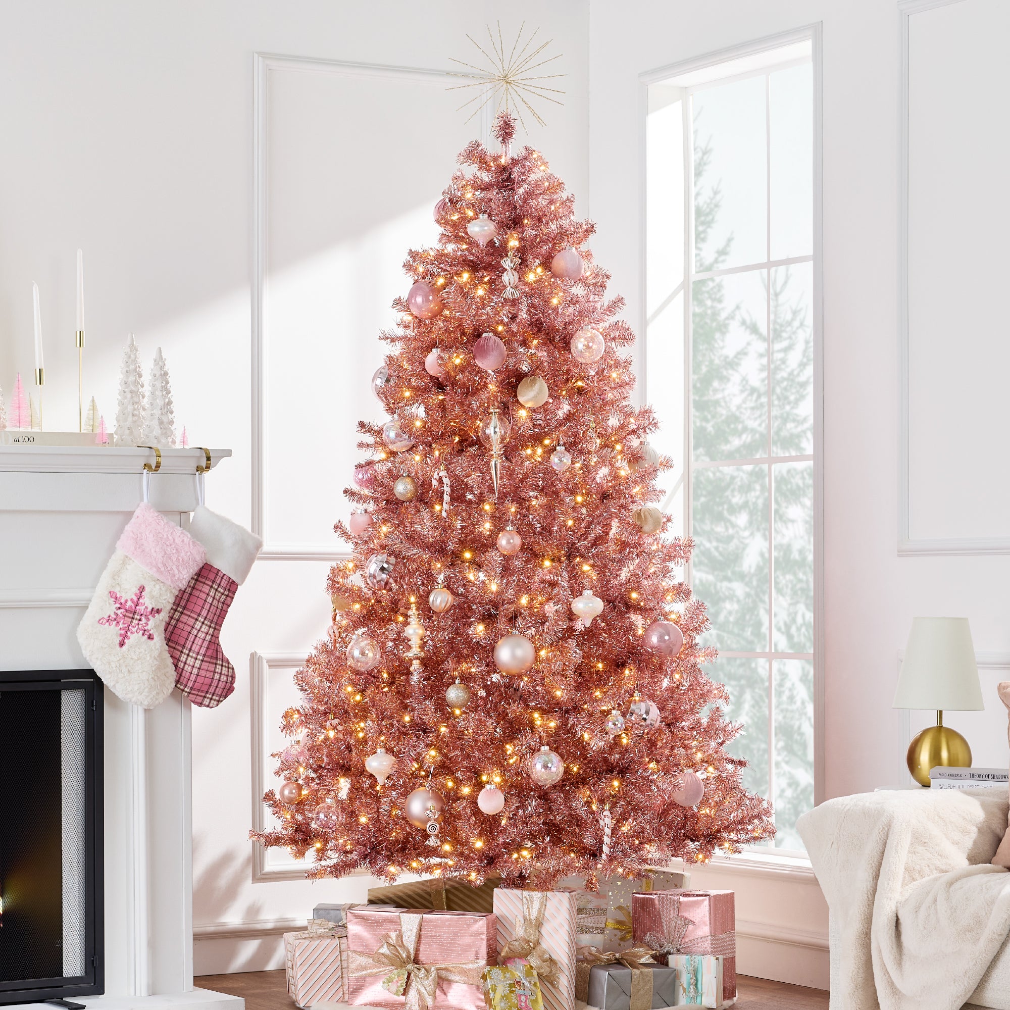 Pink Artificial Tinsel Christmas Tree w/ Foldable Stand | Best
