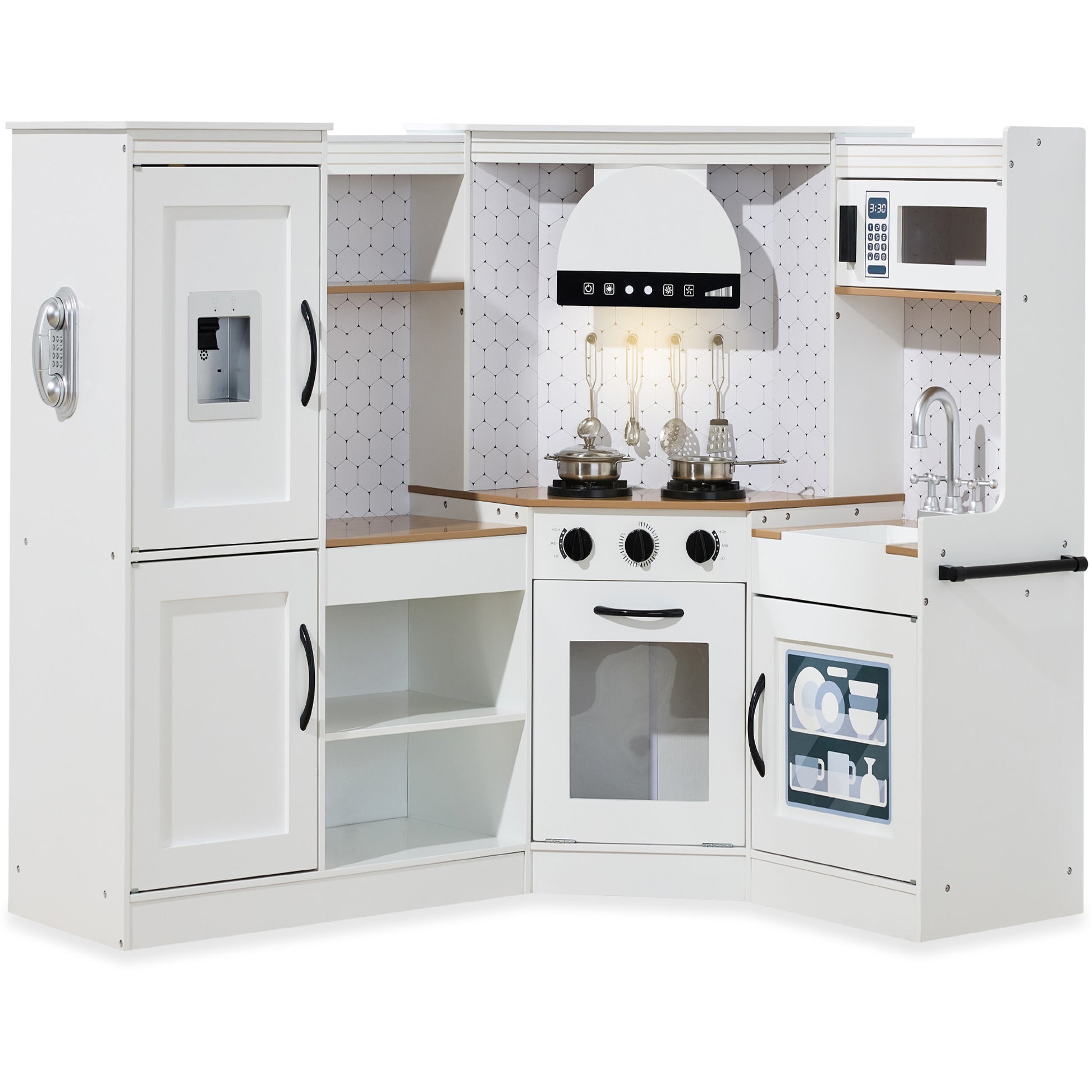 Pretend Play Corner Kitchen Wooden Toy Set for Kids w/ Lights, Sounds