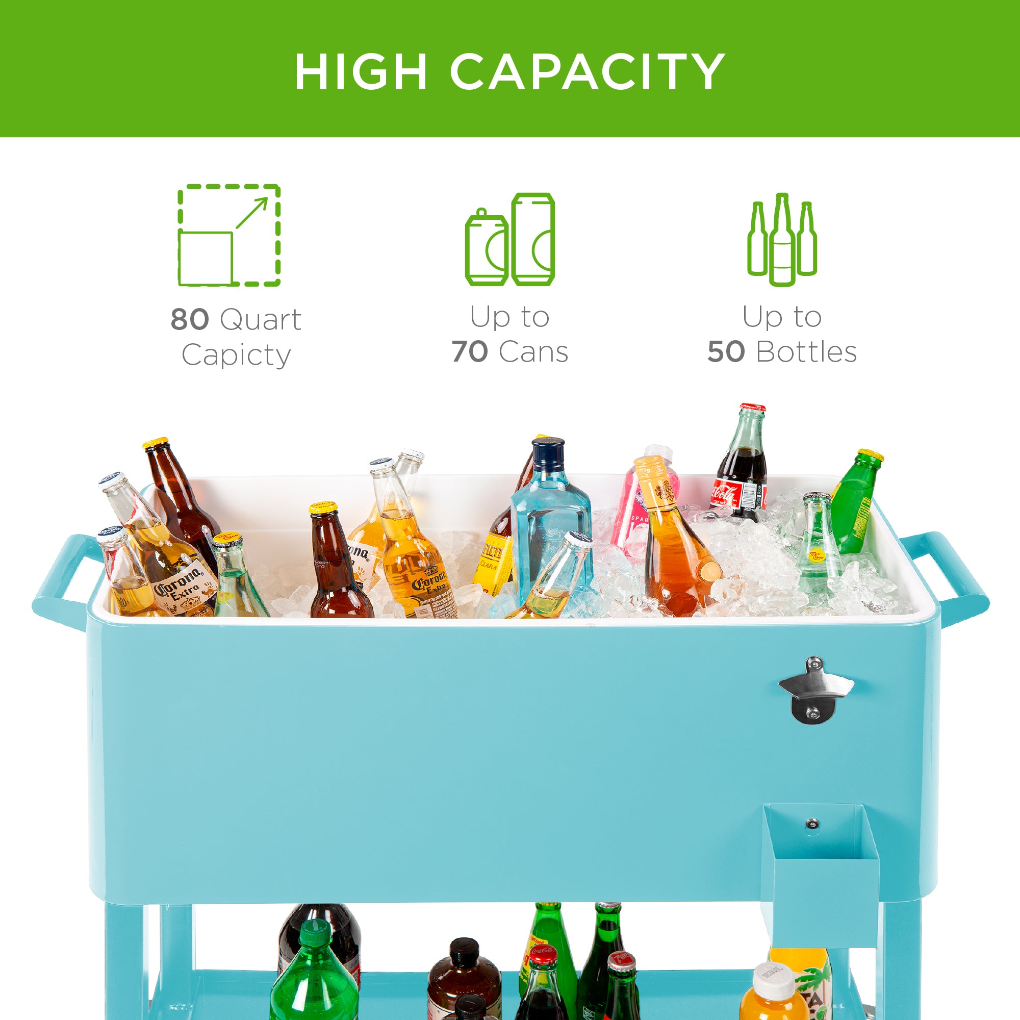 Portable Rolling Cooler Cart w/ Bottle Opener, Catch Tray - 80qt