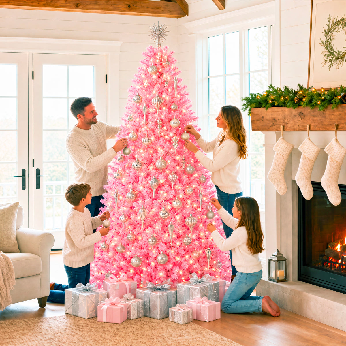 Pre-Lit Pink Christmas Tree w/ Twinkling LEDs Artificial Pine Holiday Decor