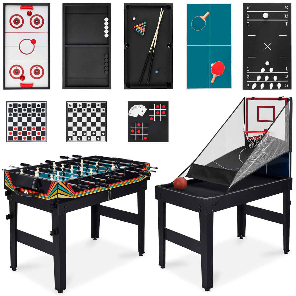 GOPLUS Table Multi-Jeux 6-en-1 – Billard, Basket, Hockey, Ping-Pong, Bowling, Palets – Empilable, Bois, Accessoires Inclus