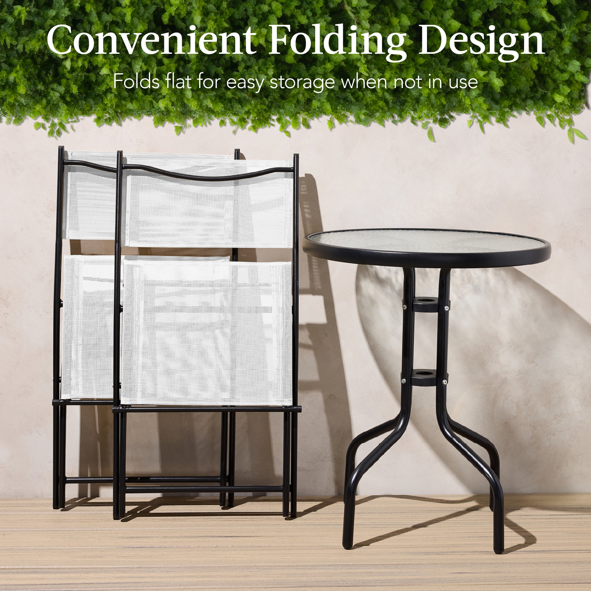 3-Piece Bistro Set w/ Glass Table, 2 Foldable Chairs