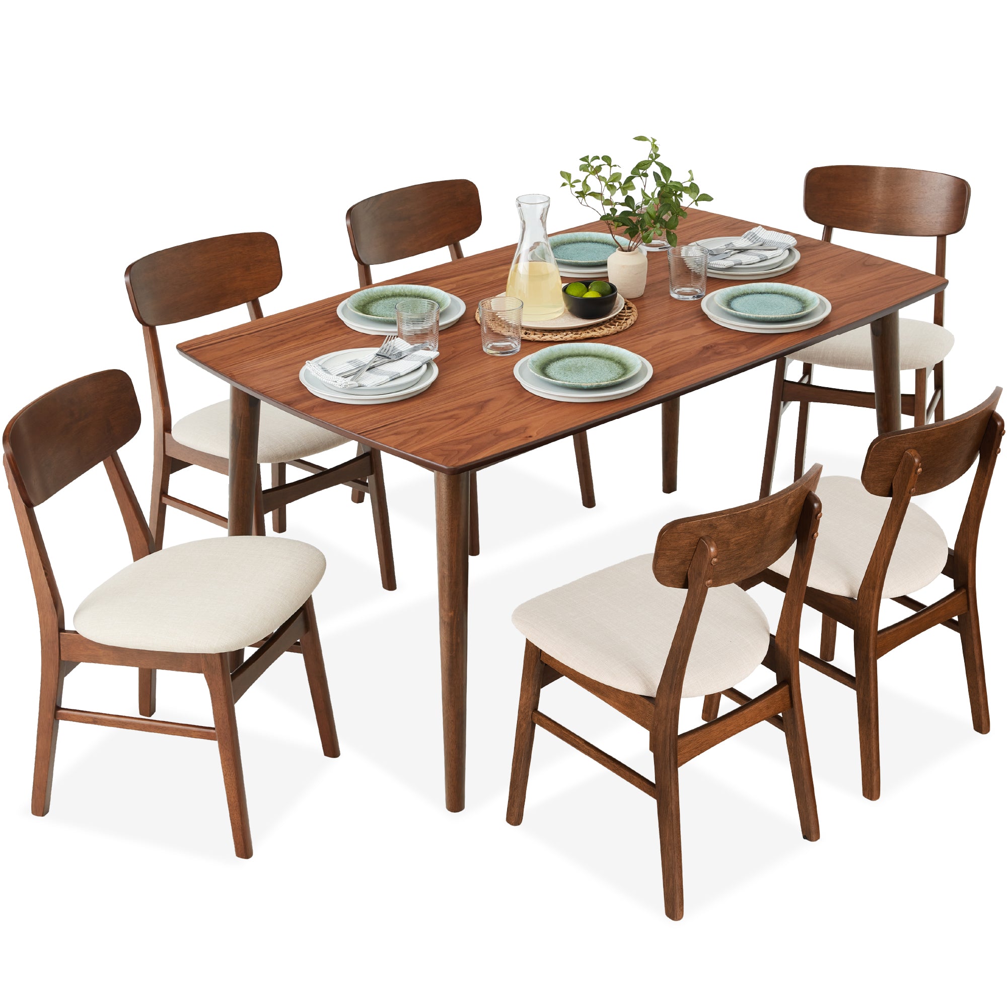7-Piece Mid-Century Modern Dining Set, Wood Upholstered w/ 6 Chairs