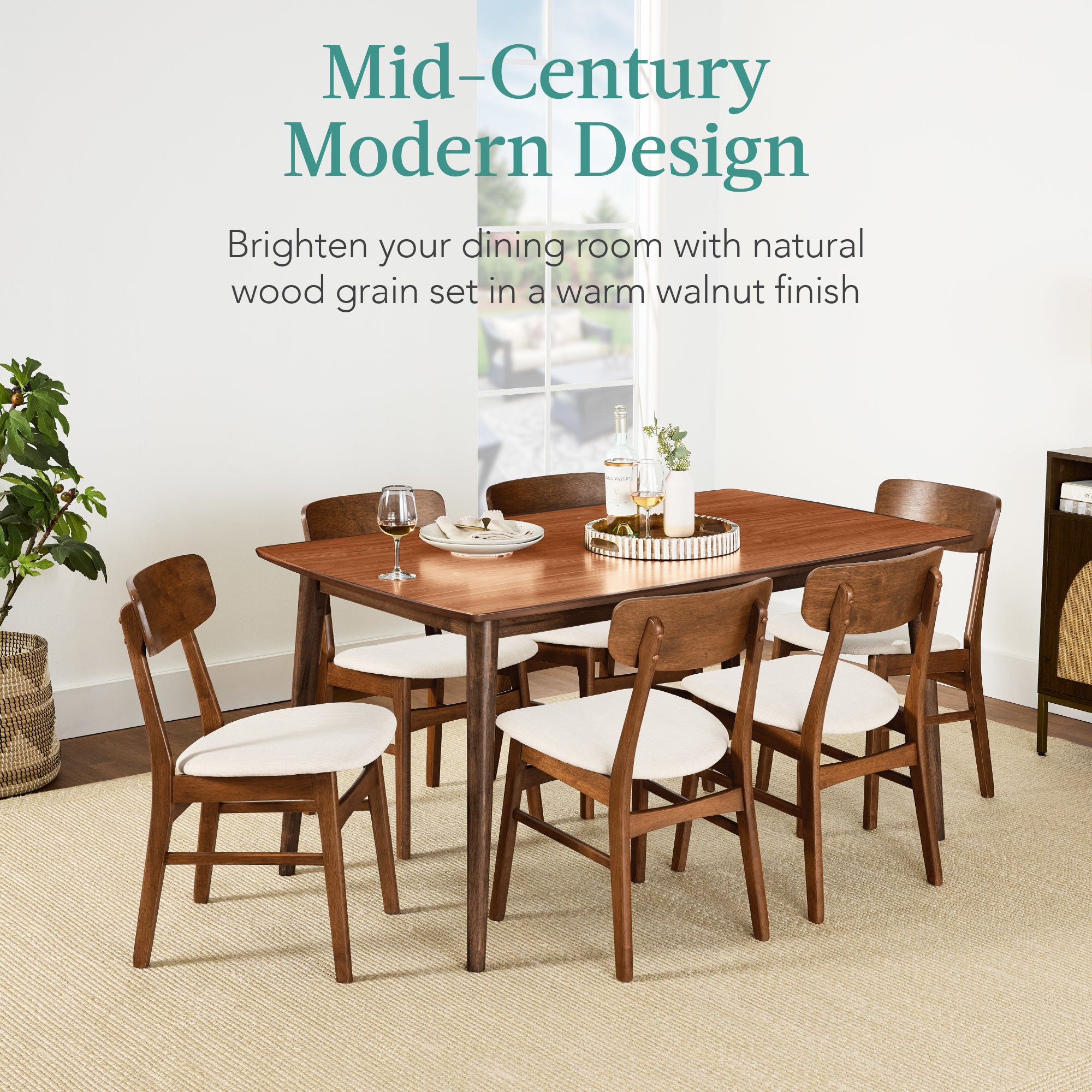 7-Piece Mid-Century Modern Dining Set, Wood Upholstered w/ 6