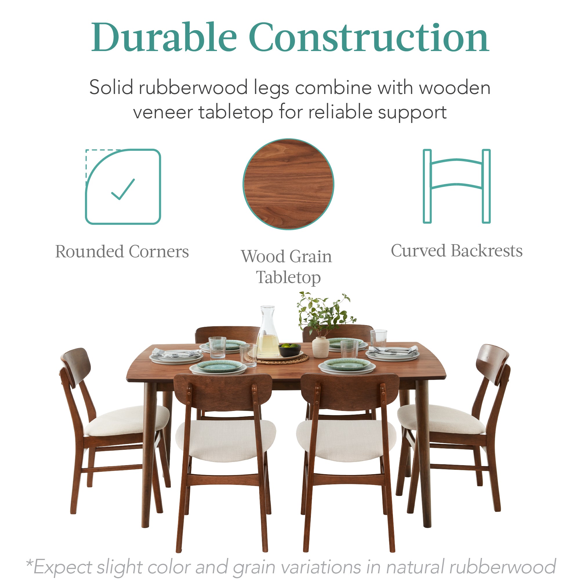 7-Piece Mid-Century Modern Dining Set, Wood Upholstered w/ 6 Chairs