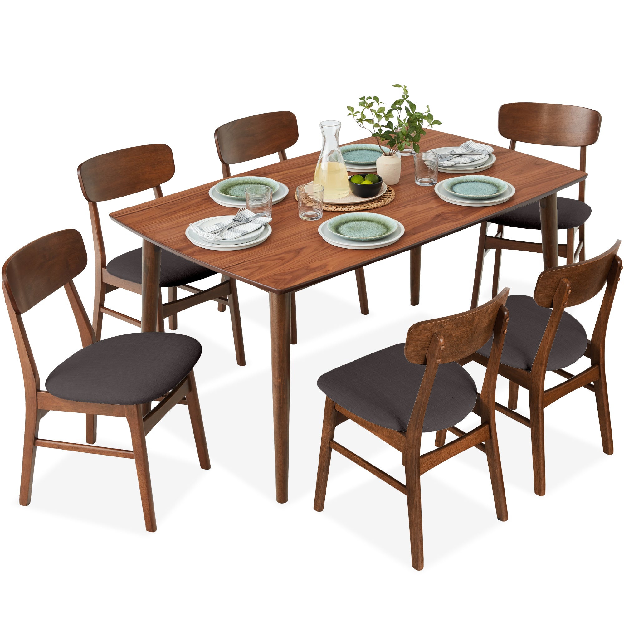 7-Piece Mid-Century Modern Dining Set, Wood Upholstered w/ 6