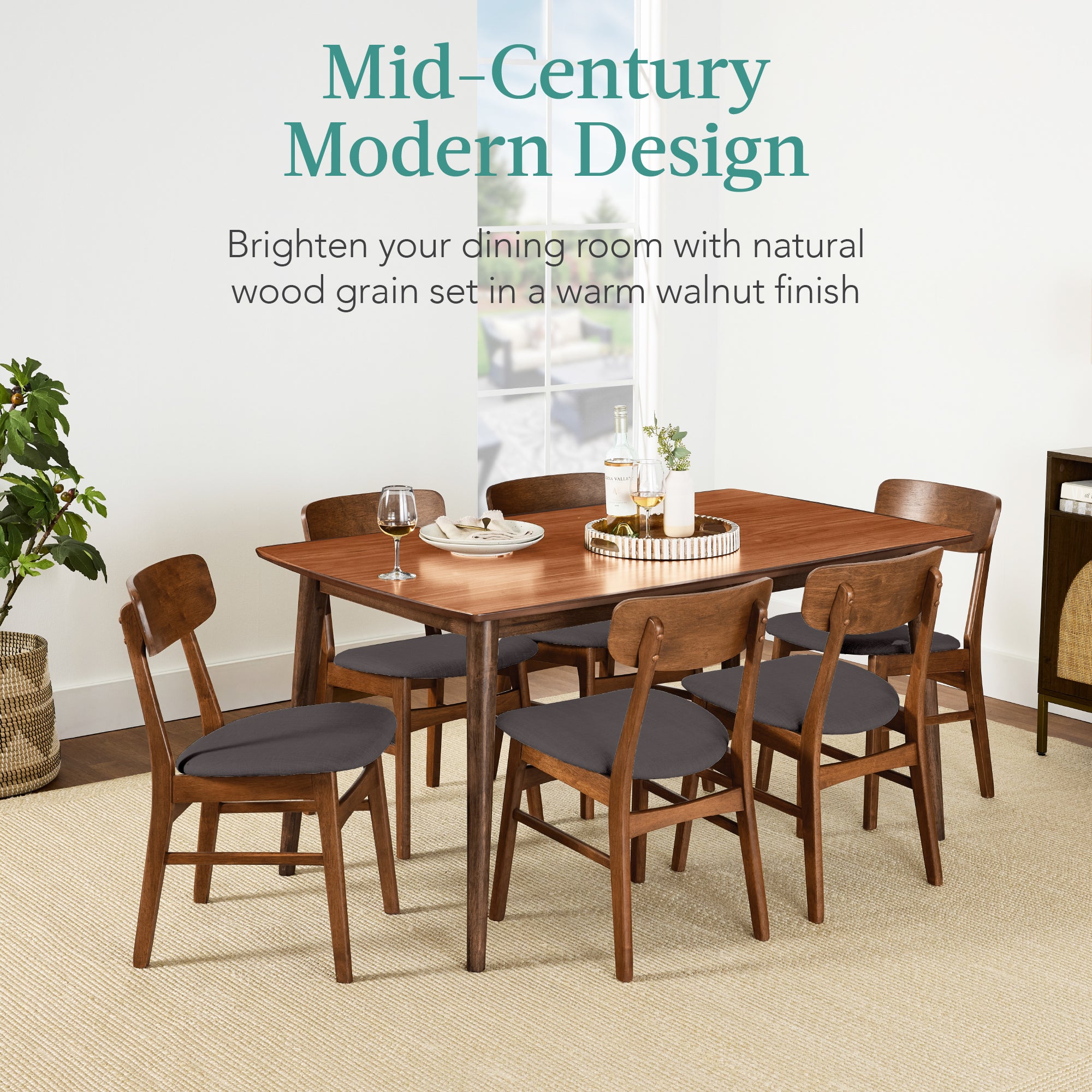 7-Piece Mid-Century Modern Dining Set, Wood Upholstered w/ 6