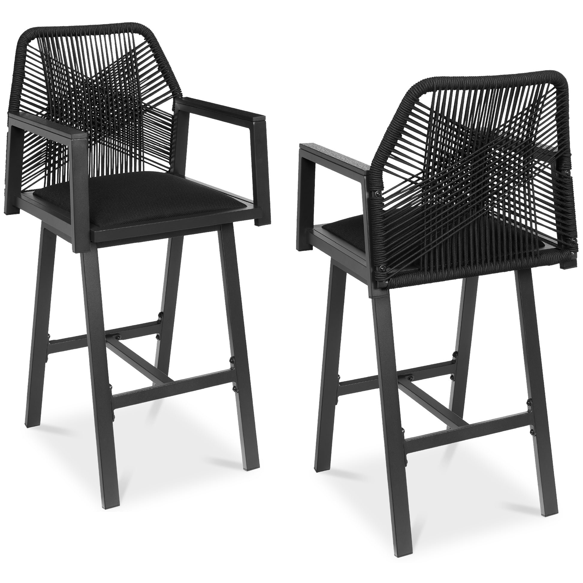 Set of 2 Indoor/Outdoor Aluminum Swivel Barstools with Arms All-Weather Rope