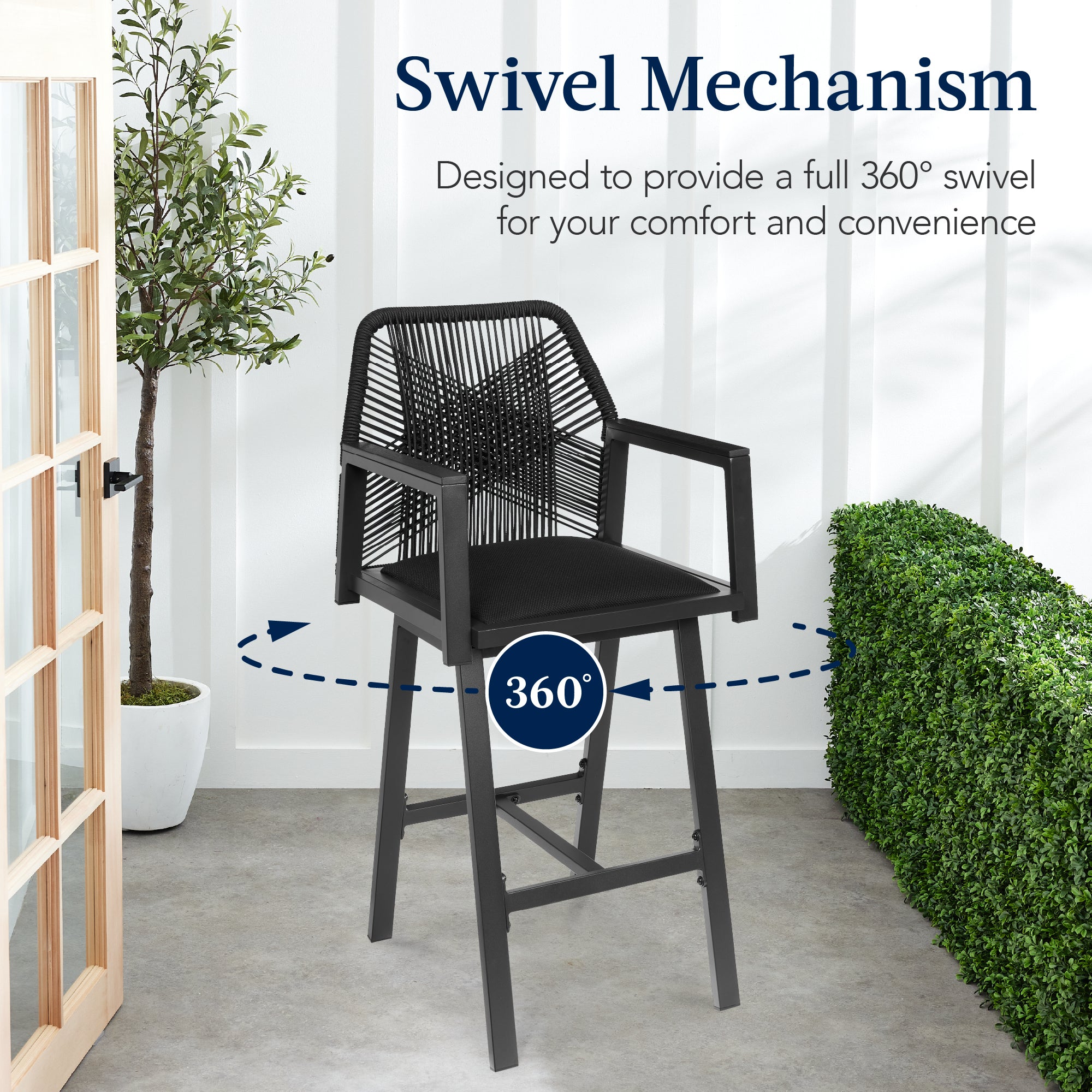 Set of 2 Indoor/Outdoor Aluminum Swivel Barstools with Arms All-Weather Rope