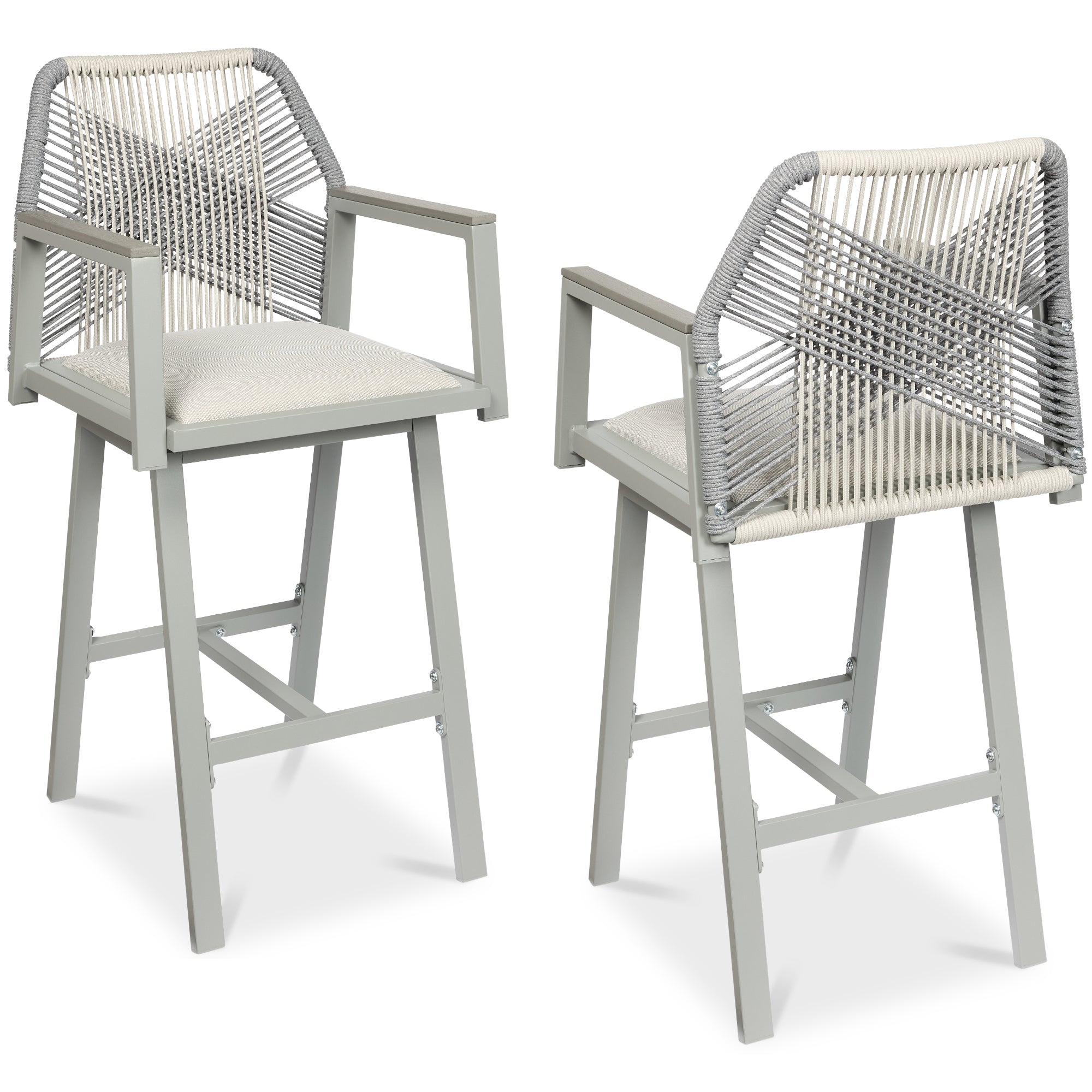 Set of 2 Indoor/Outdoor Aluminum Swivel Barstools with Arms All-Weather Rope