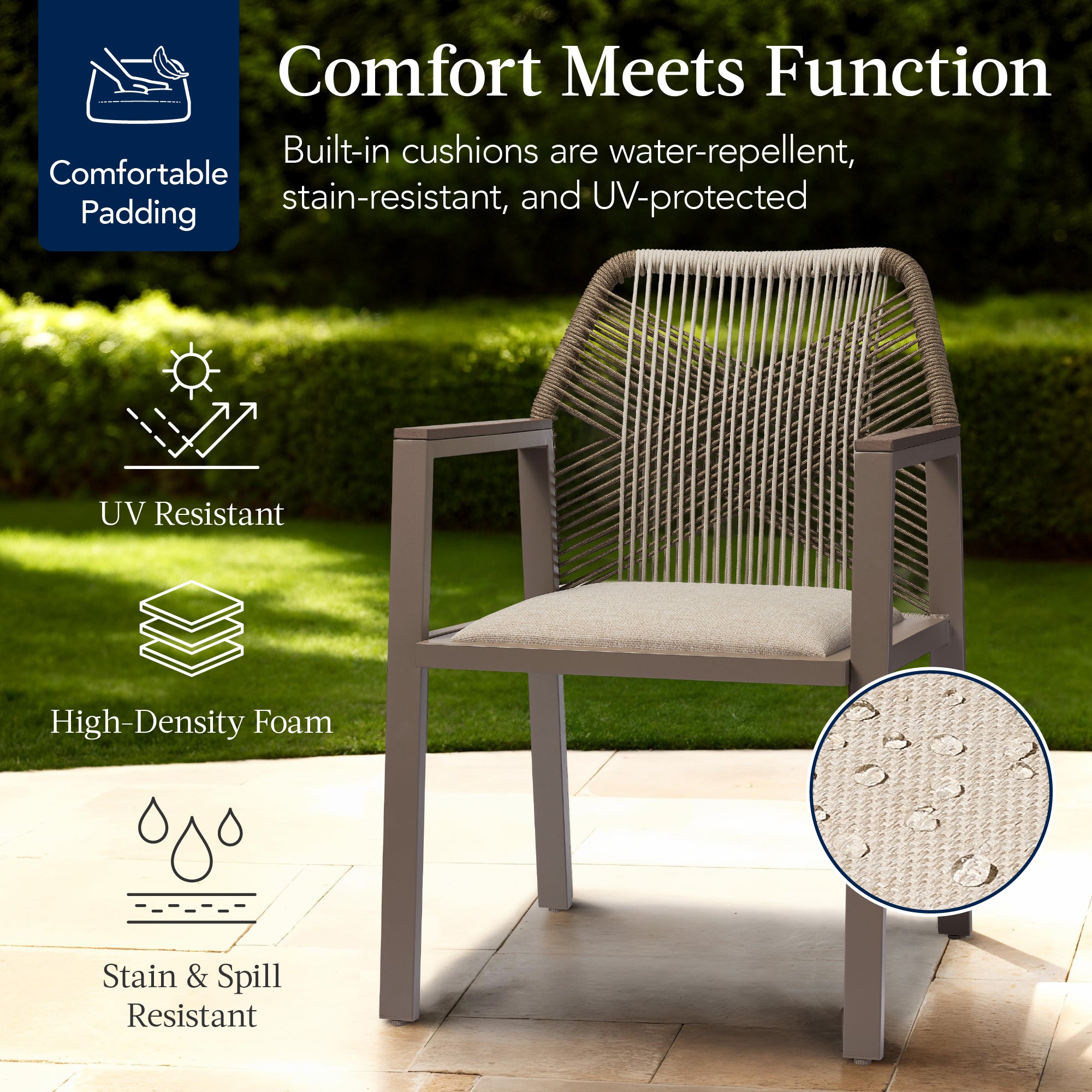 Set of 2 Indoor/Outdoor Aluminum Dining Chairs with Arms All-Weather Rope