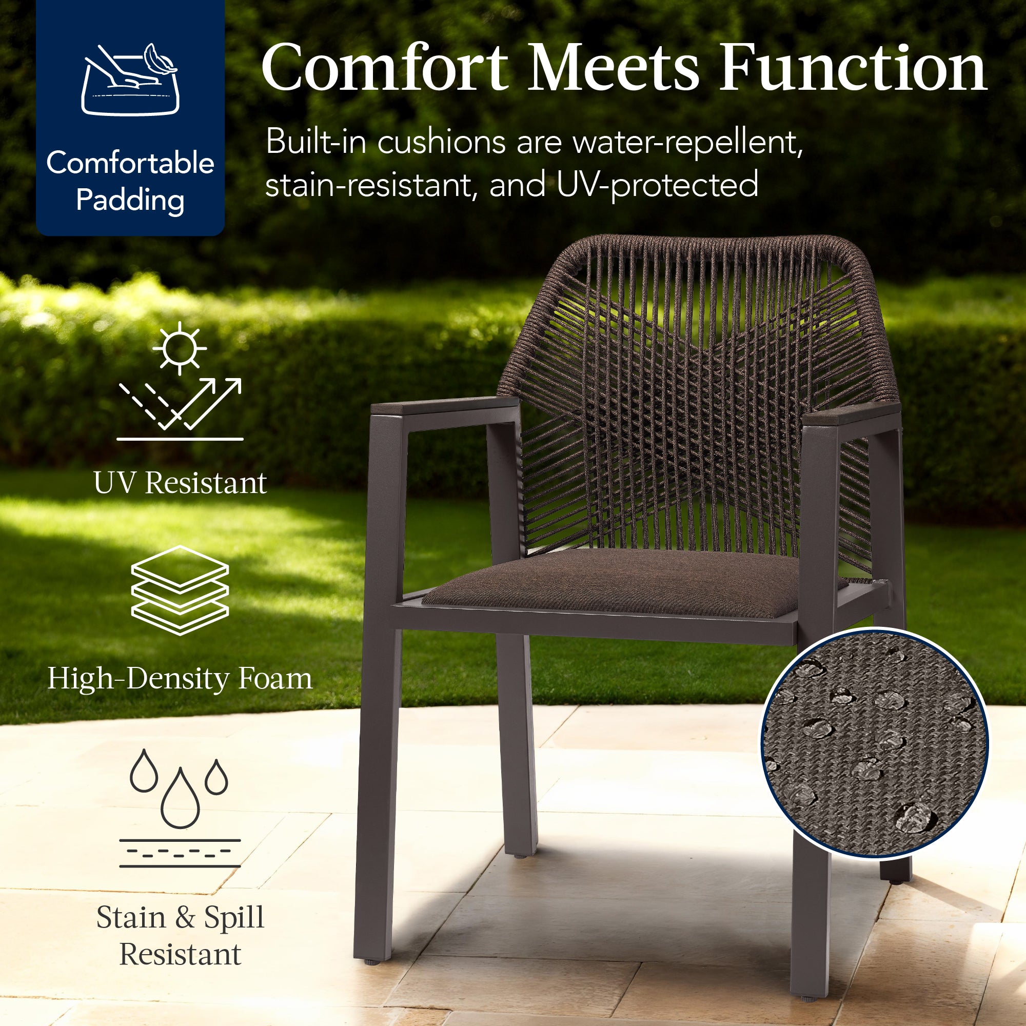 Set of 2 Indoor/Outdoor Aluminum Dining Chairs with Arms All-Weather Rope