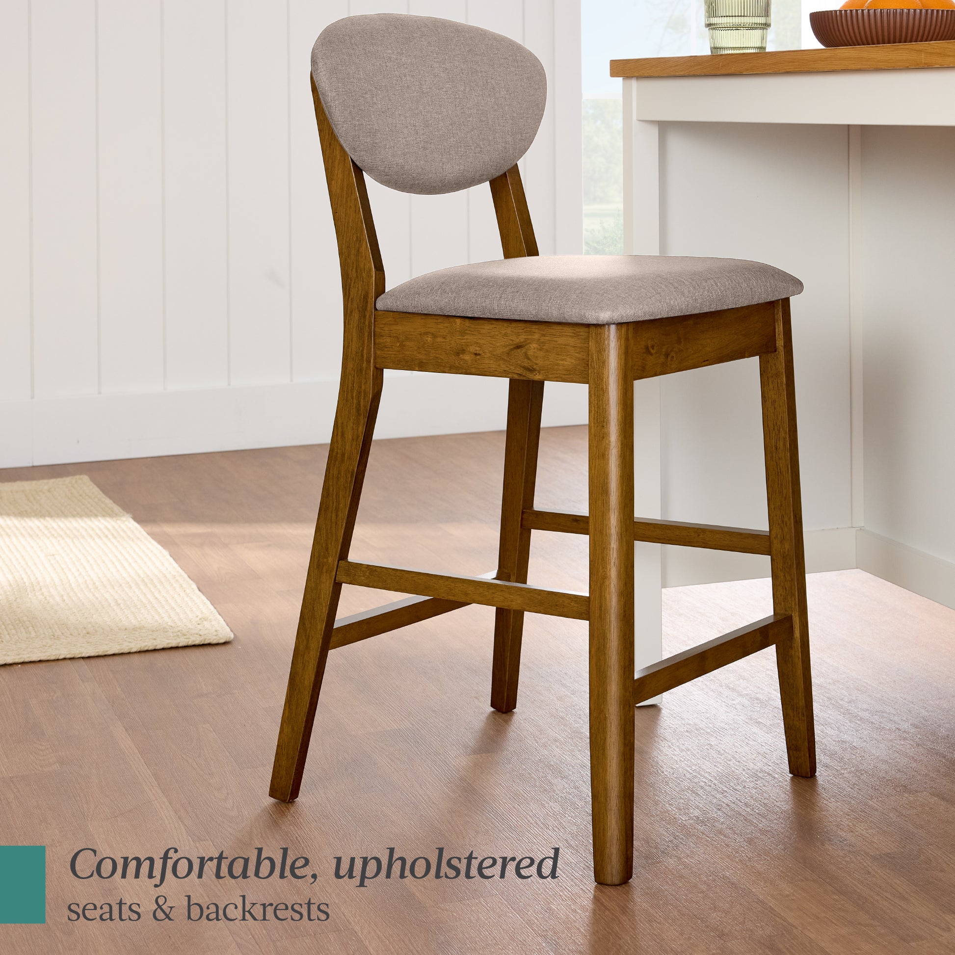 2-Piece Mid-Century Modern Wood & Upholstered Counter Height Bar Stool Set