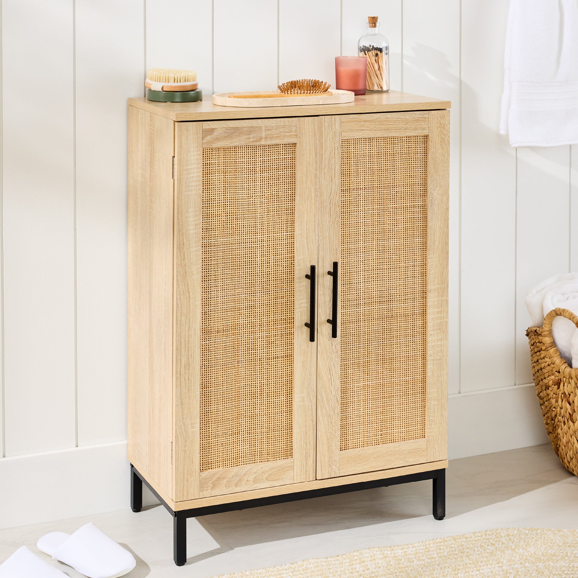 2-Door Natural Rattan Storage Cabinet w/ Adjustable Shelves - 34 x 24in