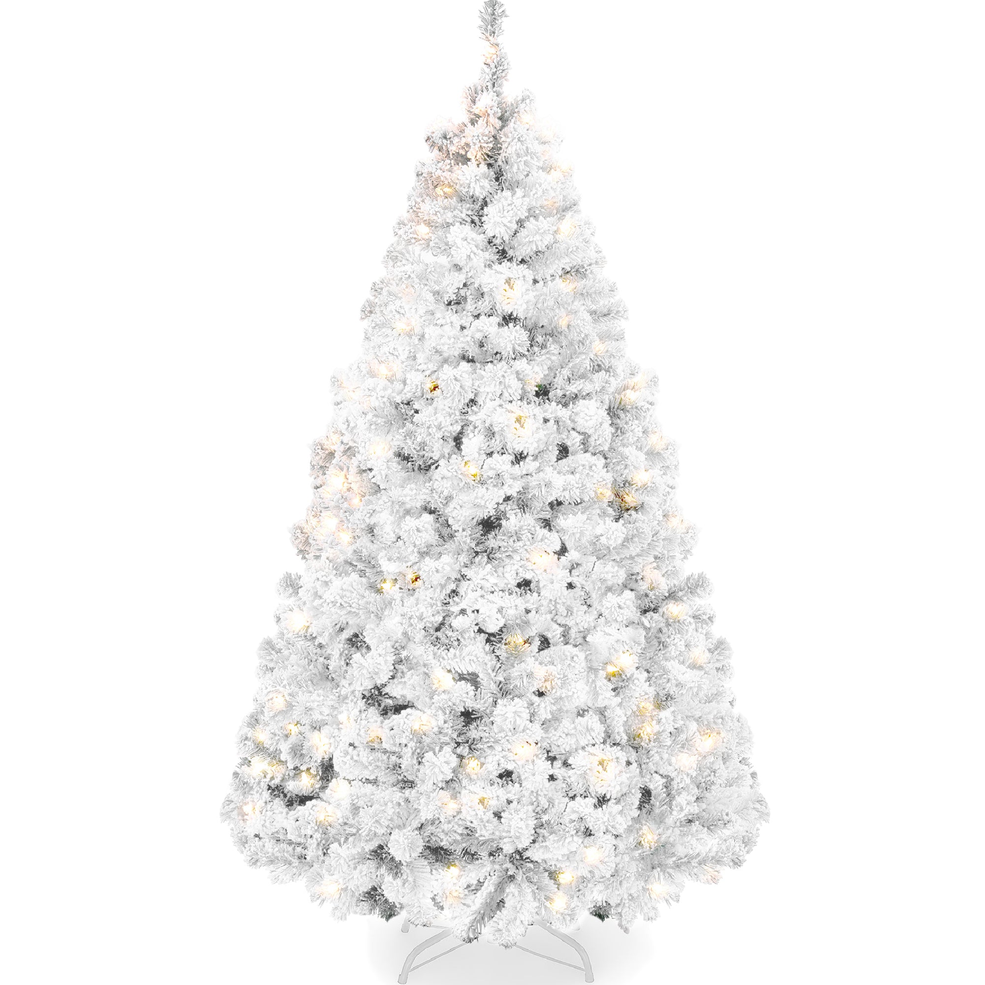 Pre-Lit White Snow Flocked Artificial Pine Christmas Tree w/ 2-in-1 Lights