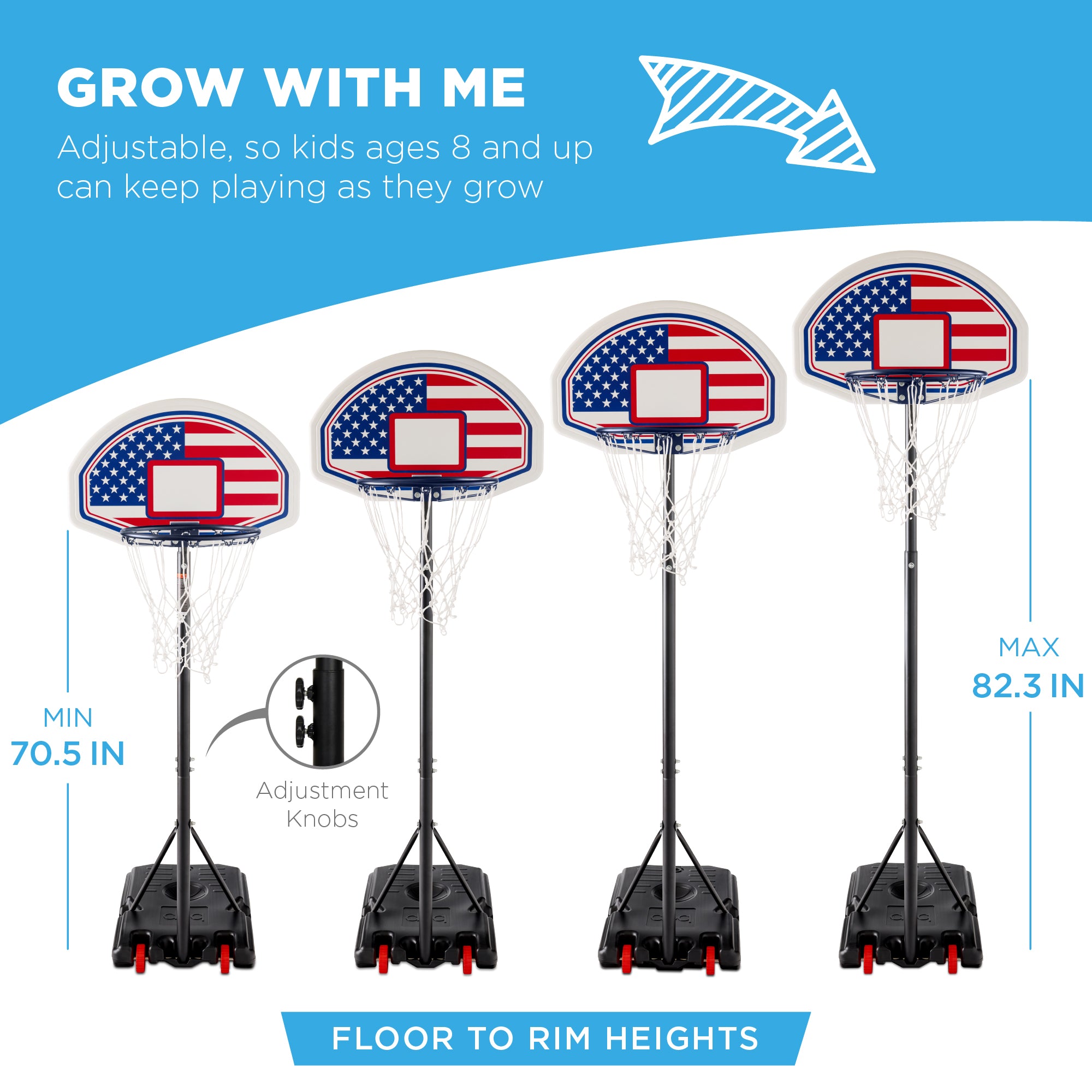 Kids Height-Adjustable Basketball Hoop, Portable Backboard System