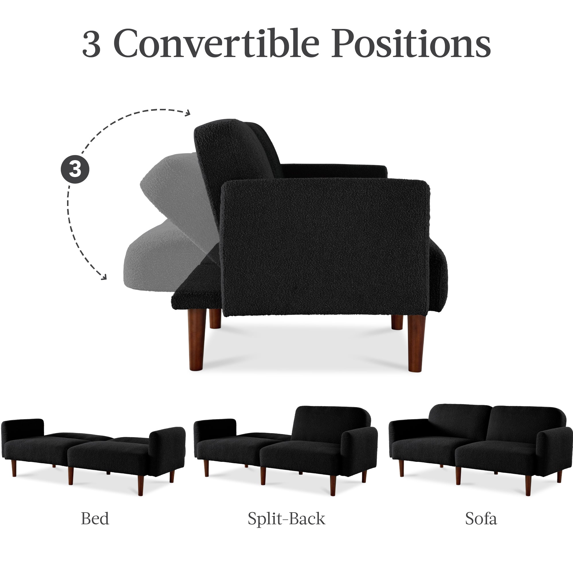 Curved Convertible Futon, Boucle Fabric Split-Back Sleeper Bed