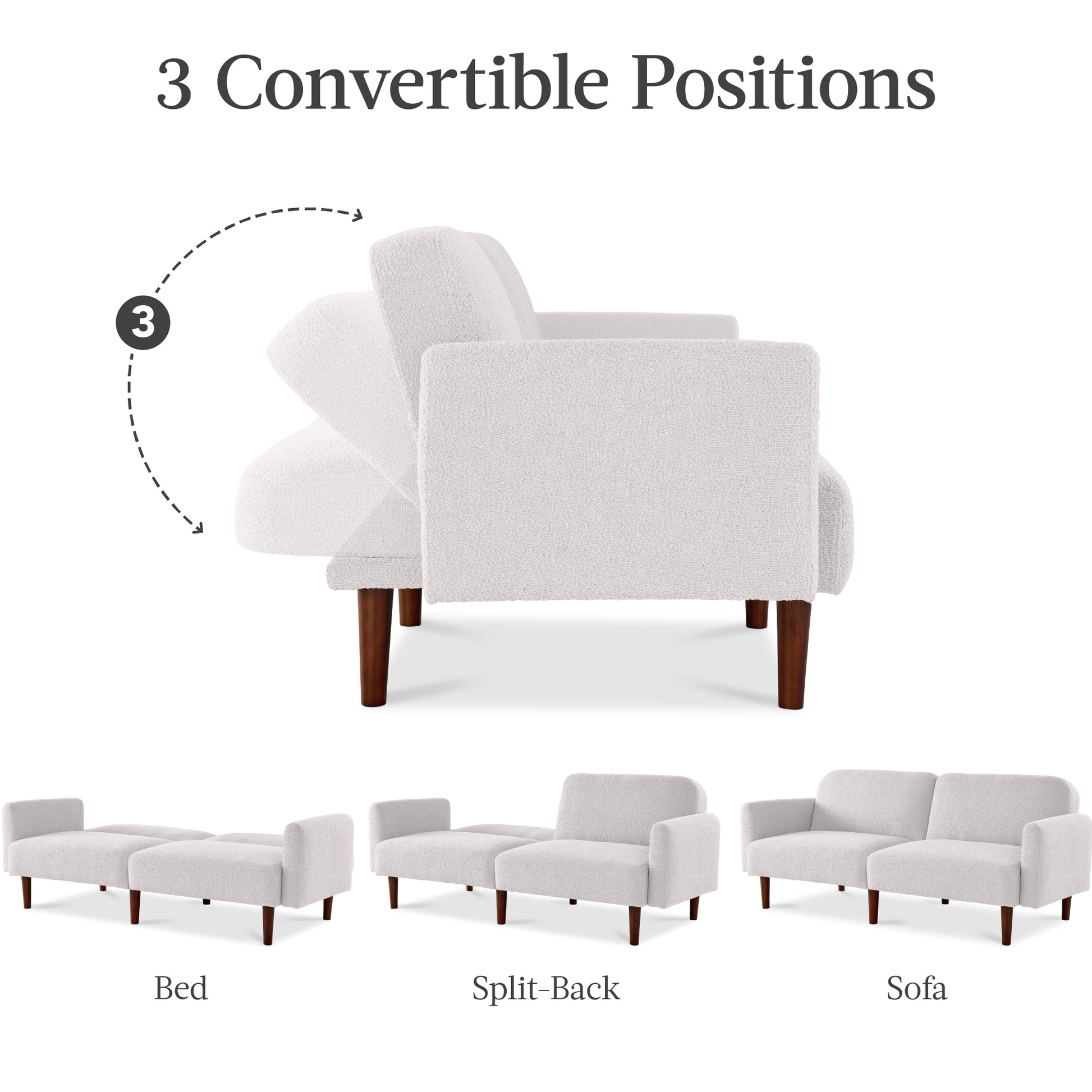 Curved Convertible Futon, Boucle Fabric Split-Back Sleeper Bed