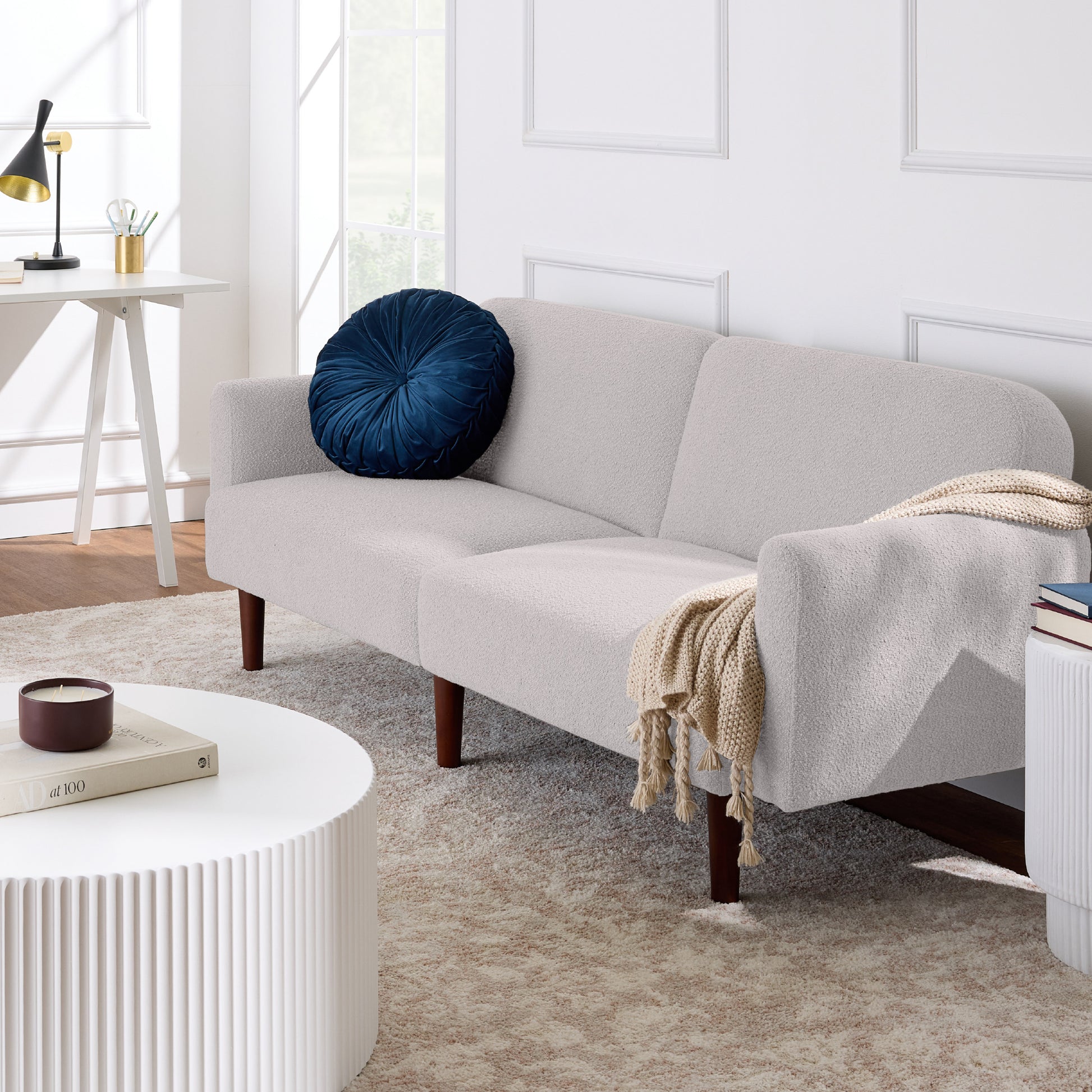 Curved Convertible Futon, Boucle Fabric Split-Back Sleeper Bed