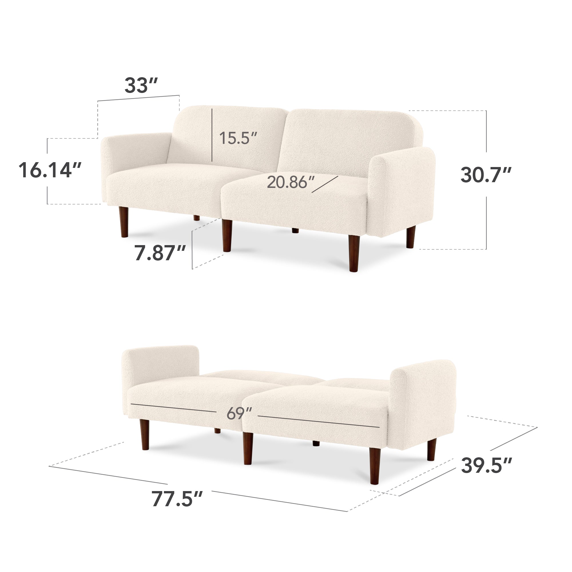 Curved Convertible Futon, Boucle Fabric Split-Back Sleeper Bed