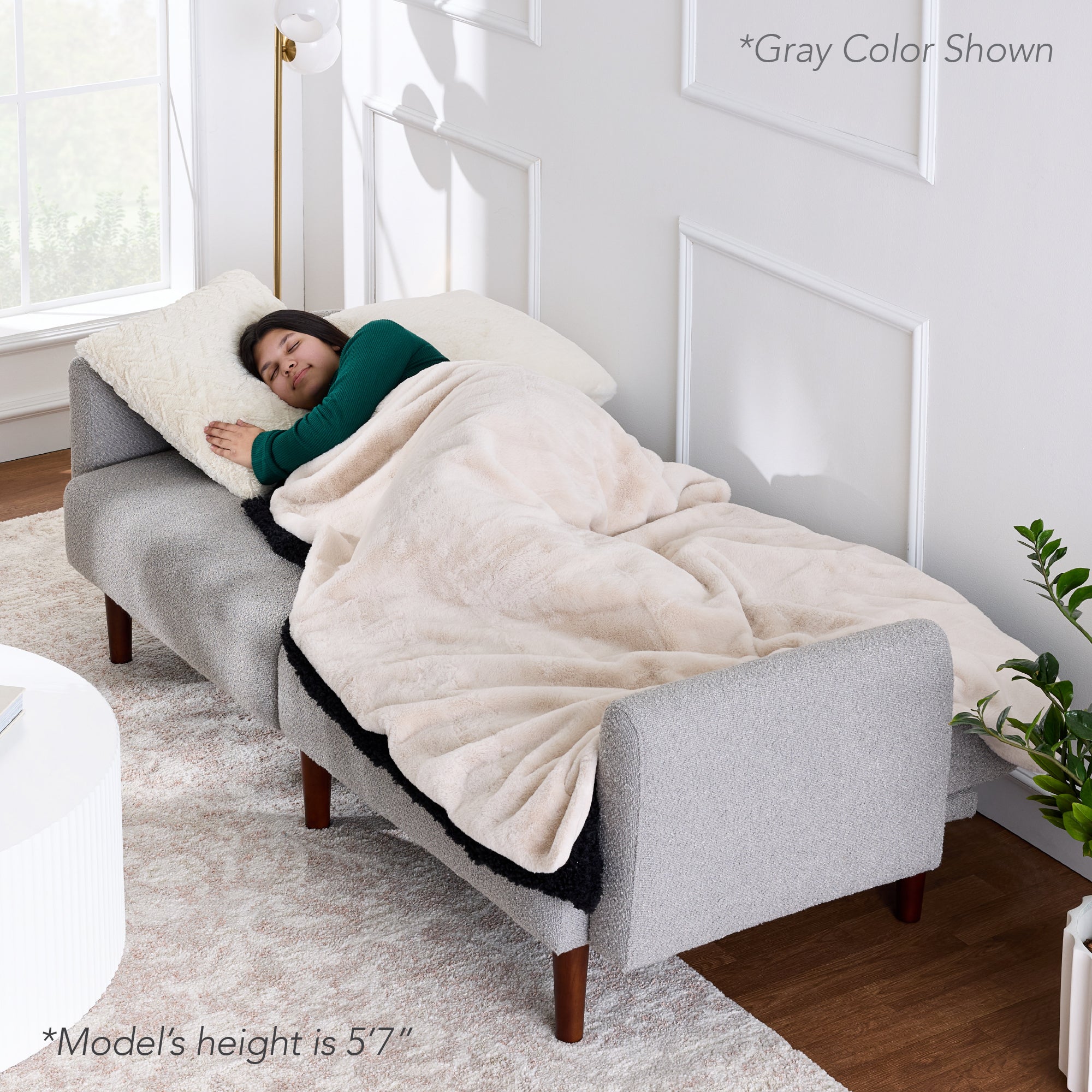 Curved Convertible Futon, Boucle Fabric Split-Back Sleeper Bed