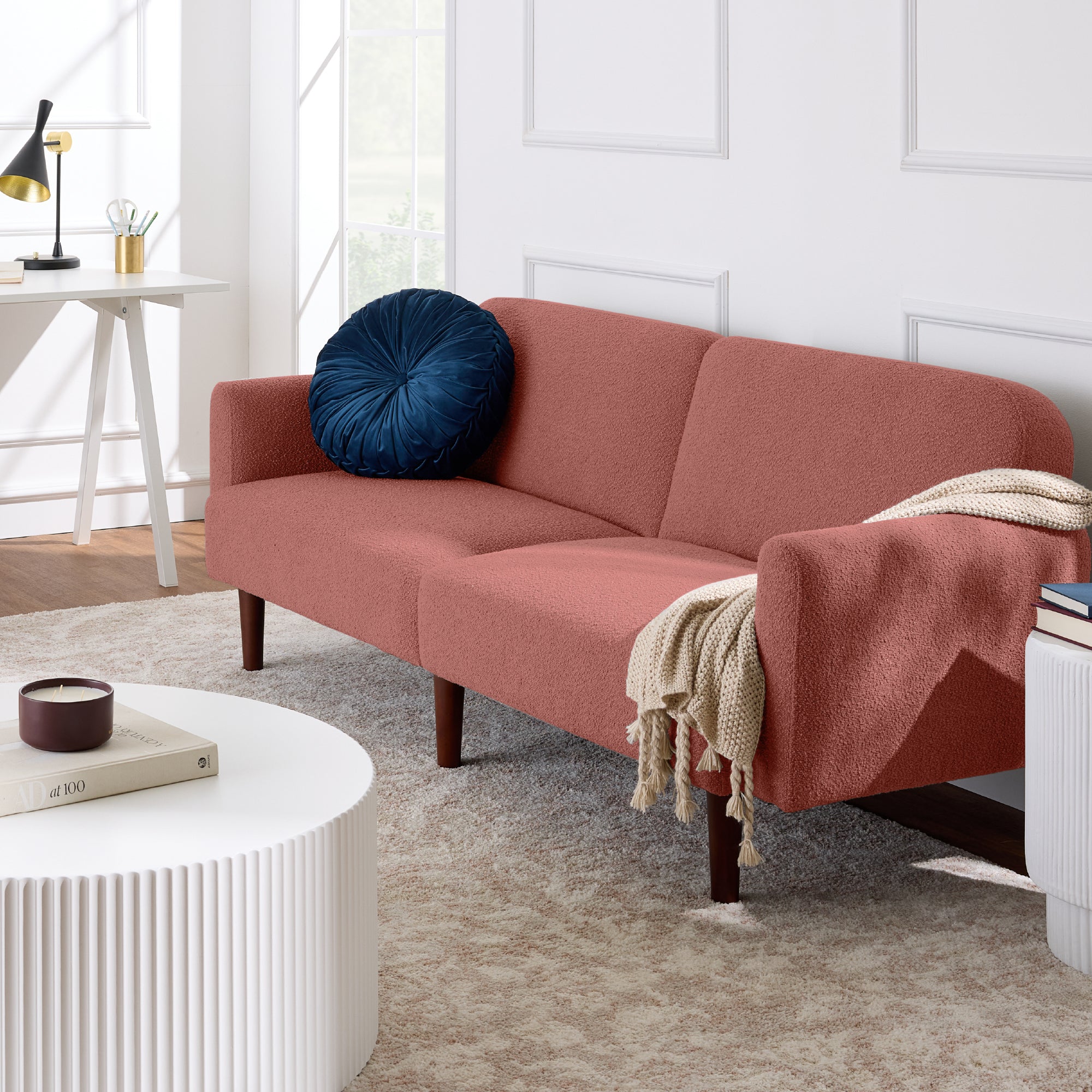 Curved Convertible Futon, Boucle Fabric Split-Back Sleeper Bed