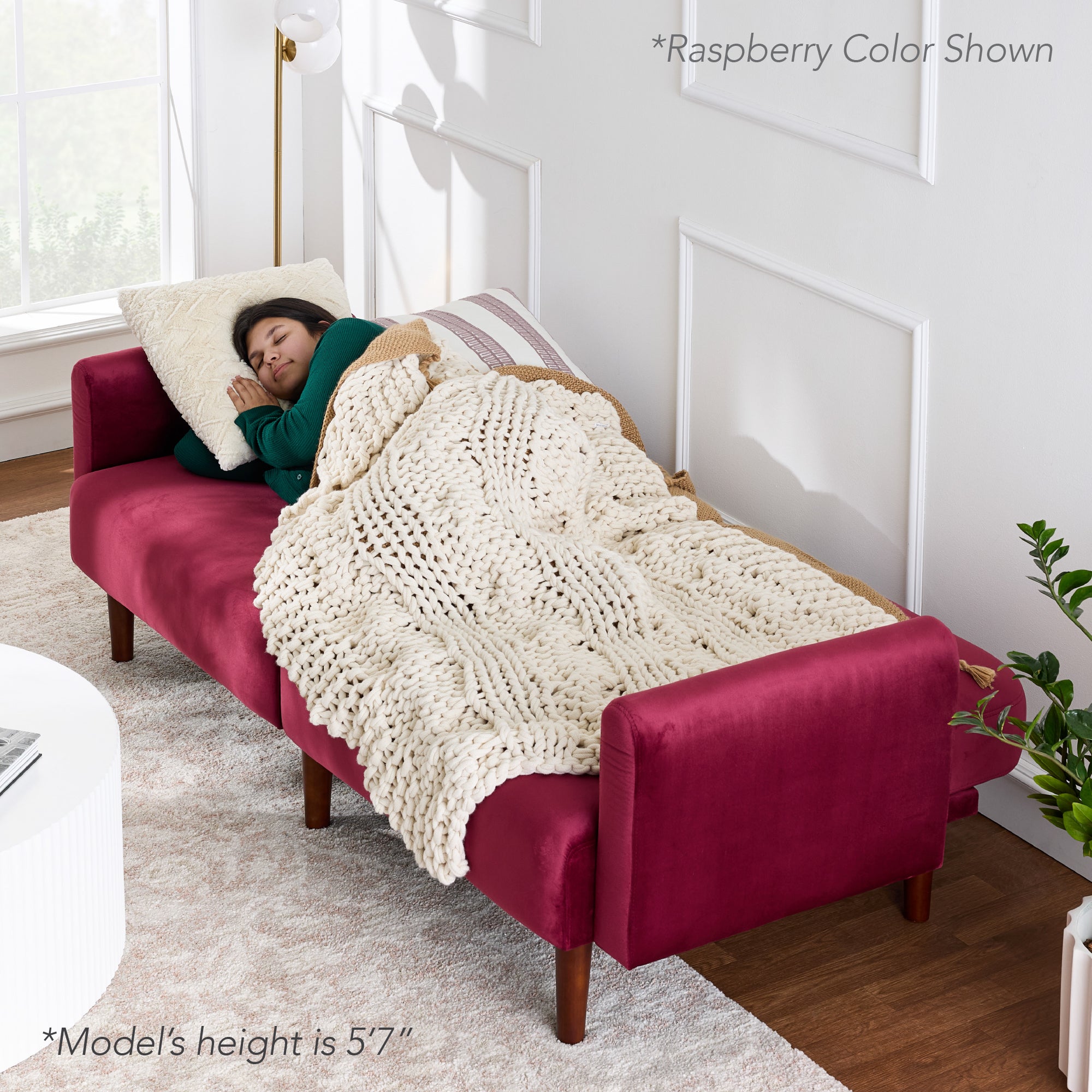 Curved Convertible Futon, Velvet Fabric Split-Back Sleeper Bed