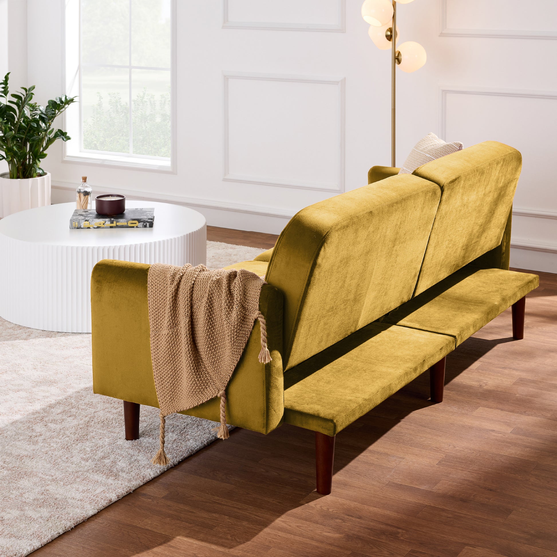 Curved Convertible Futon, Velvet Fabric Split-Back Sleeper Bed