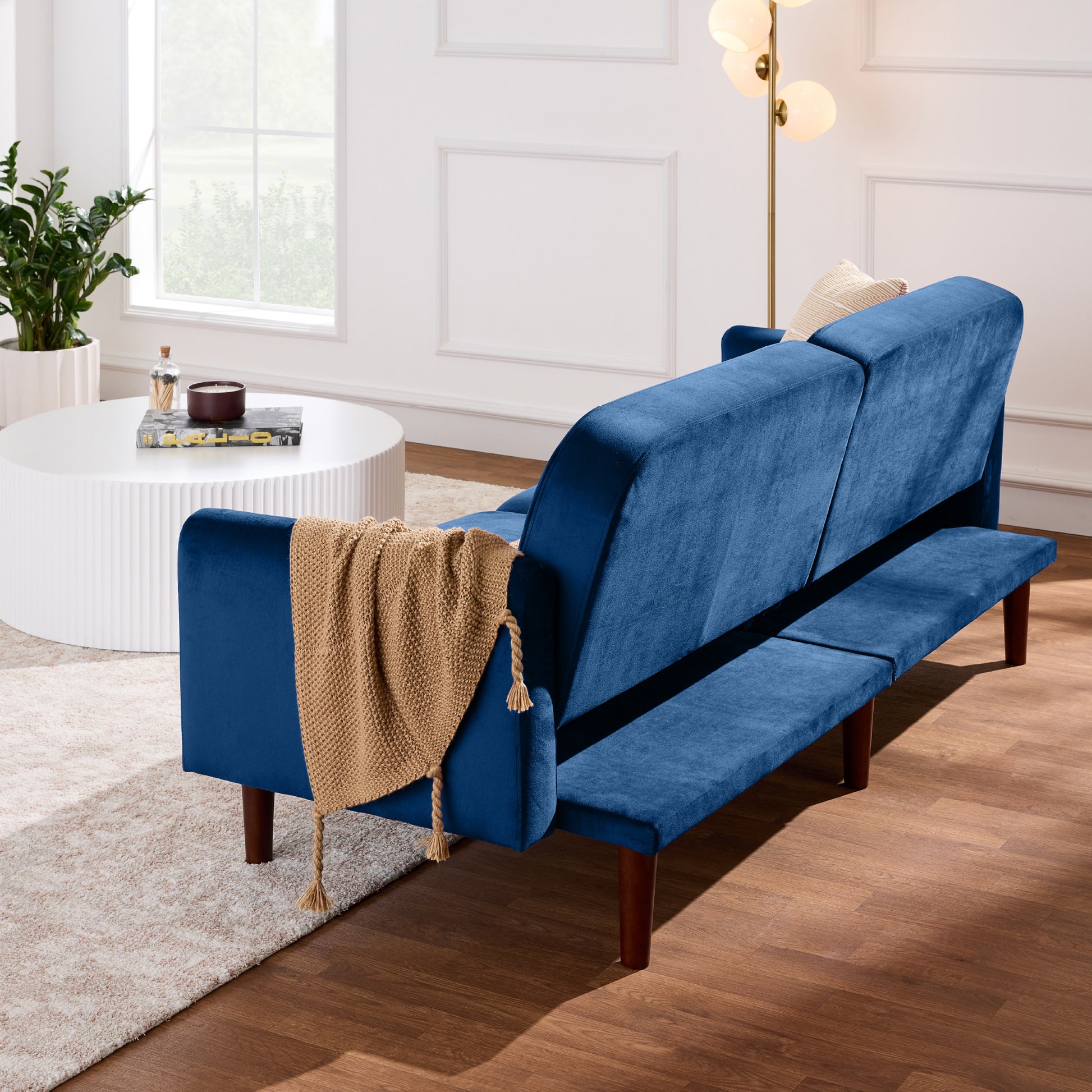 Curved Convertible Futon, Velvet Fabric Split-Back Sleeper Bed